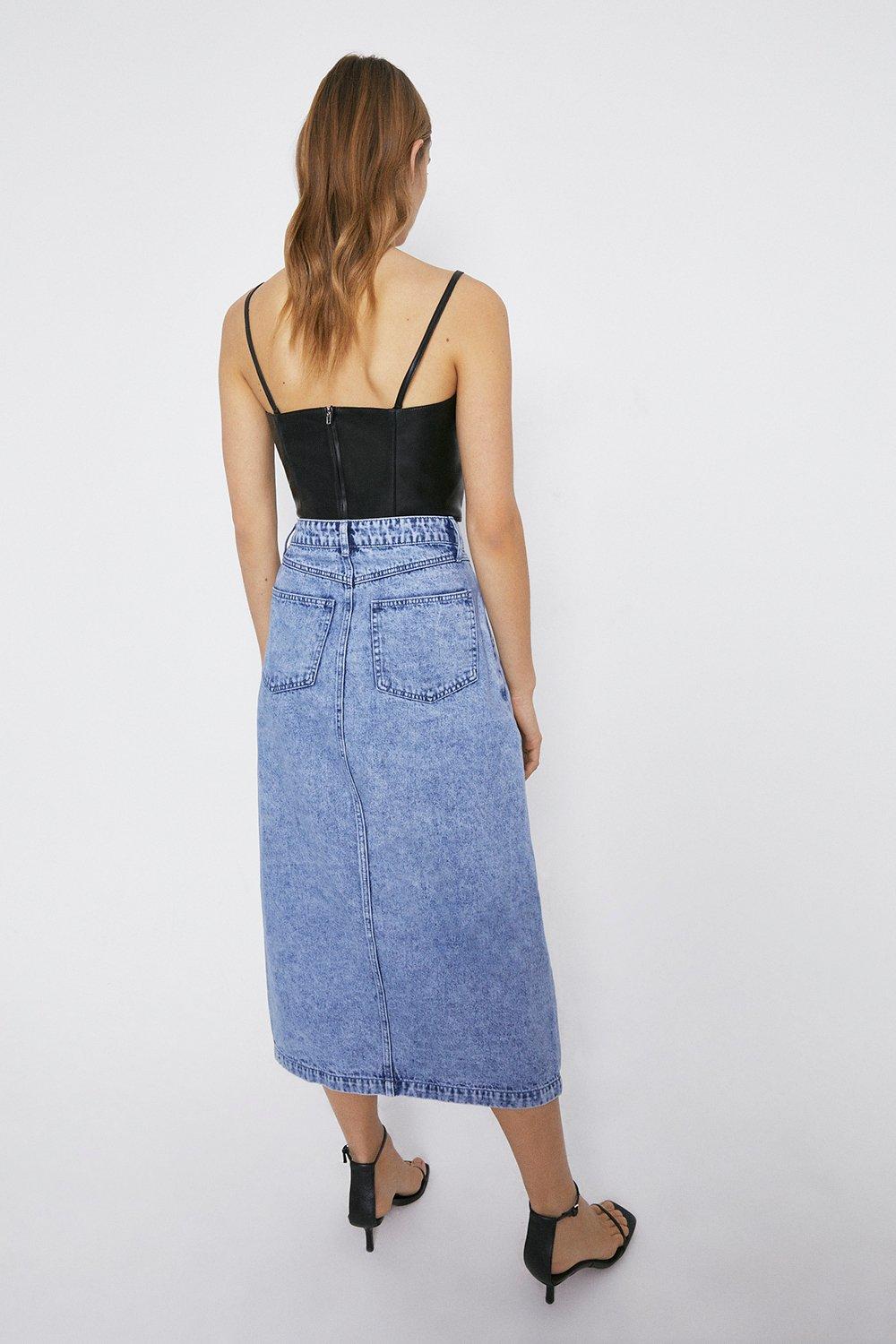 warehouse denim midi skirt