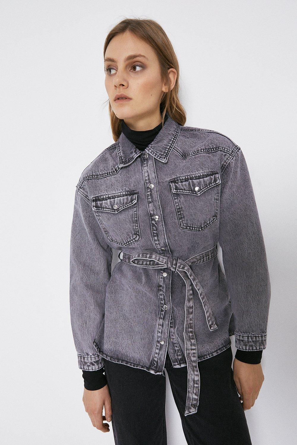 black denim belted jacket