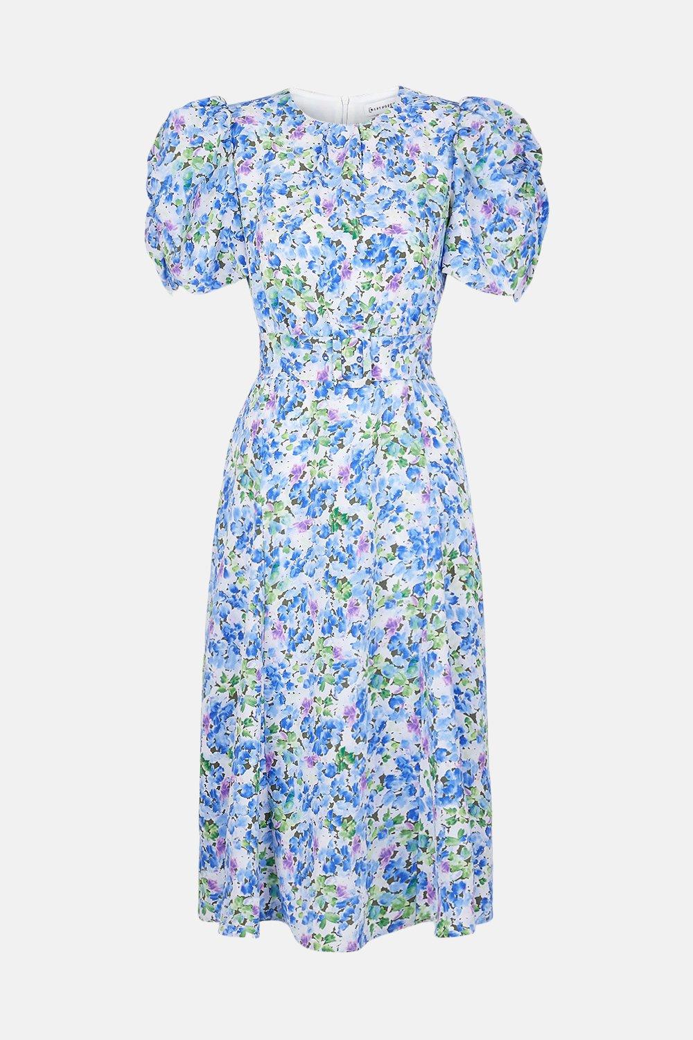 puff sleeve blue floral dress