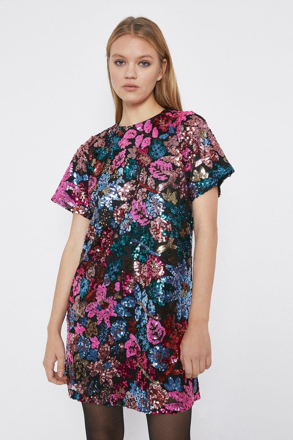 Floral Sequin Short Dress | Warehouse