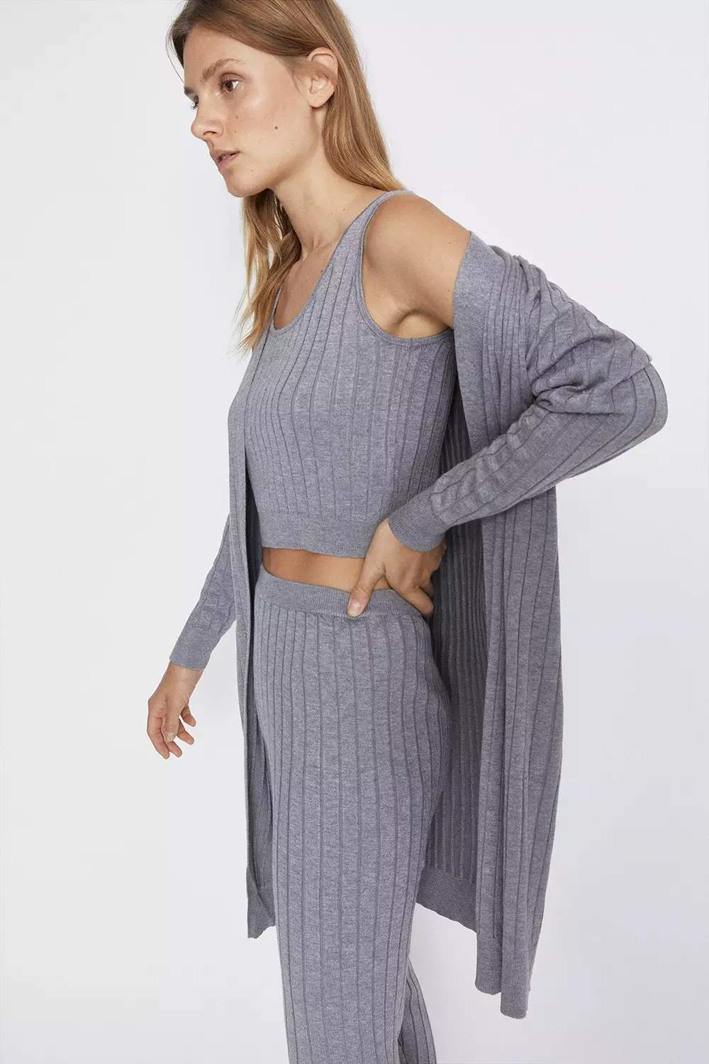 Gray Ribbed Fringe Loungewear Set