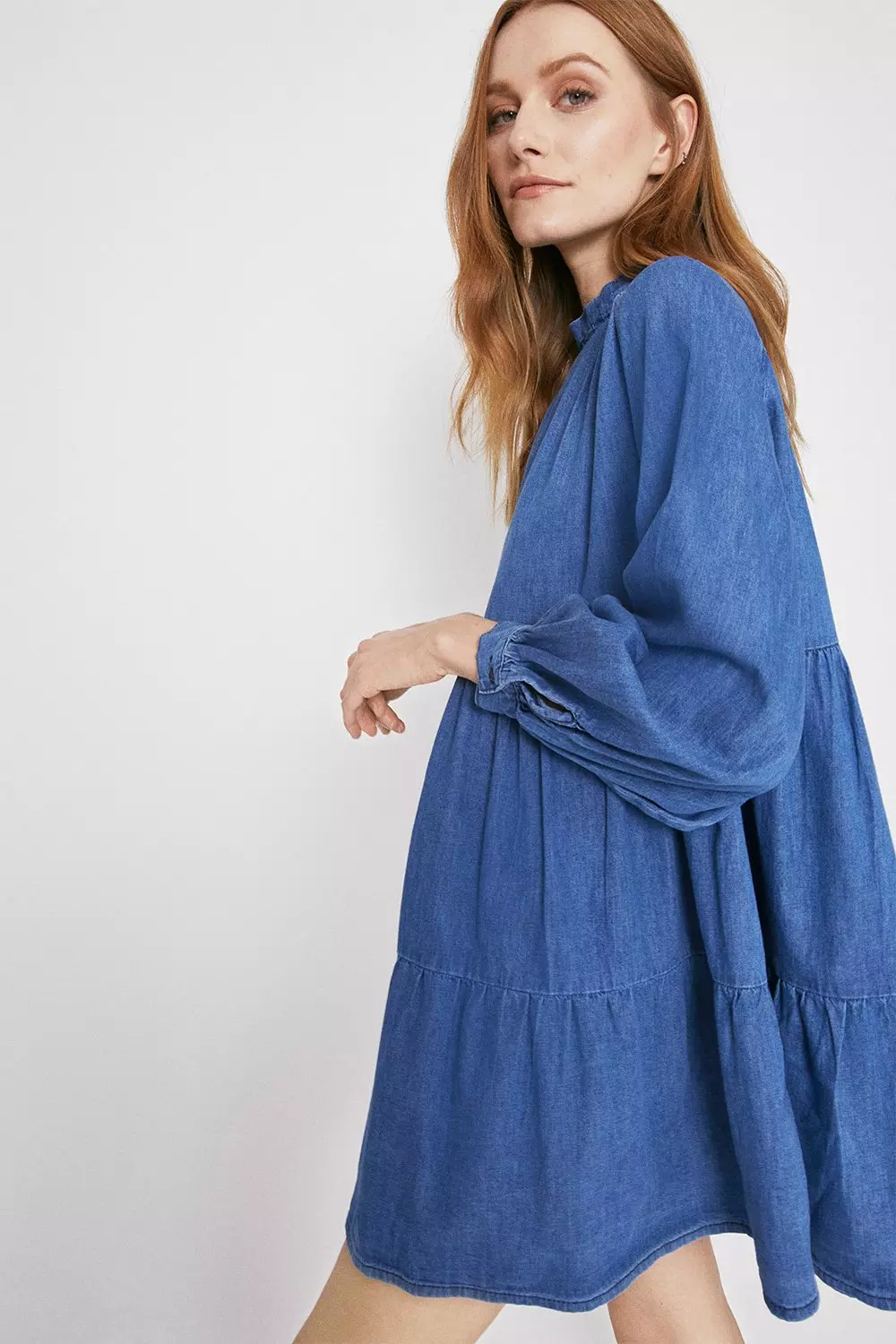 Denim Tiered Mini Smock Dress | Warehouse