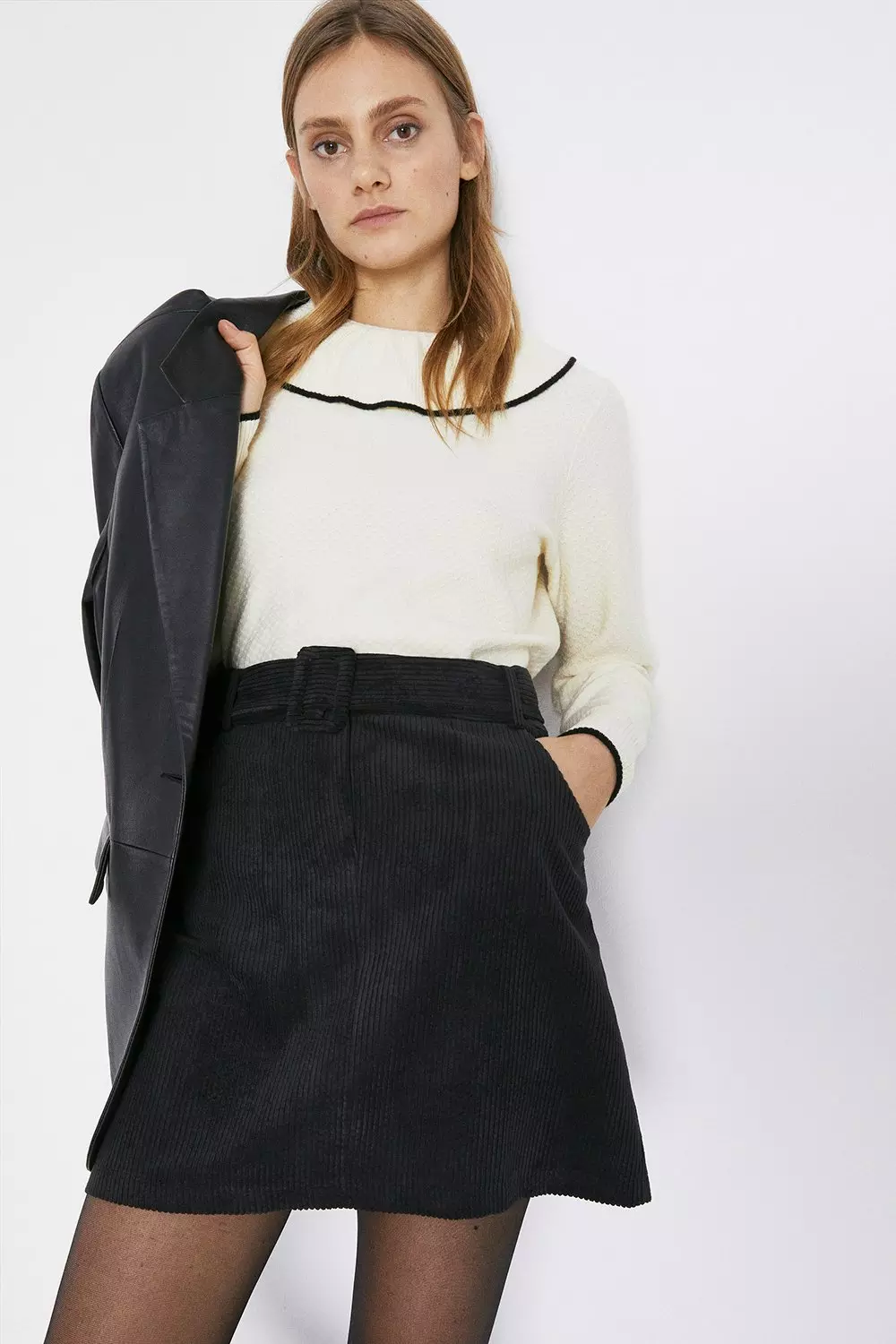 Belted mini outlet skirt