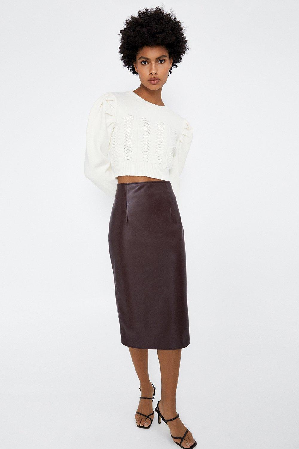 Mireya Wine Red Vegan Leather Pencil Skirt