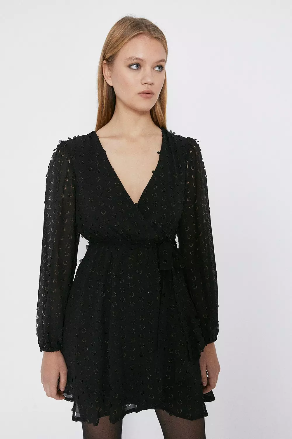 Spot Jacquard Ruffle Wrap Dress Warehouse