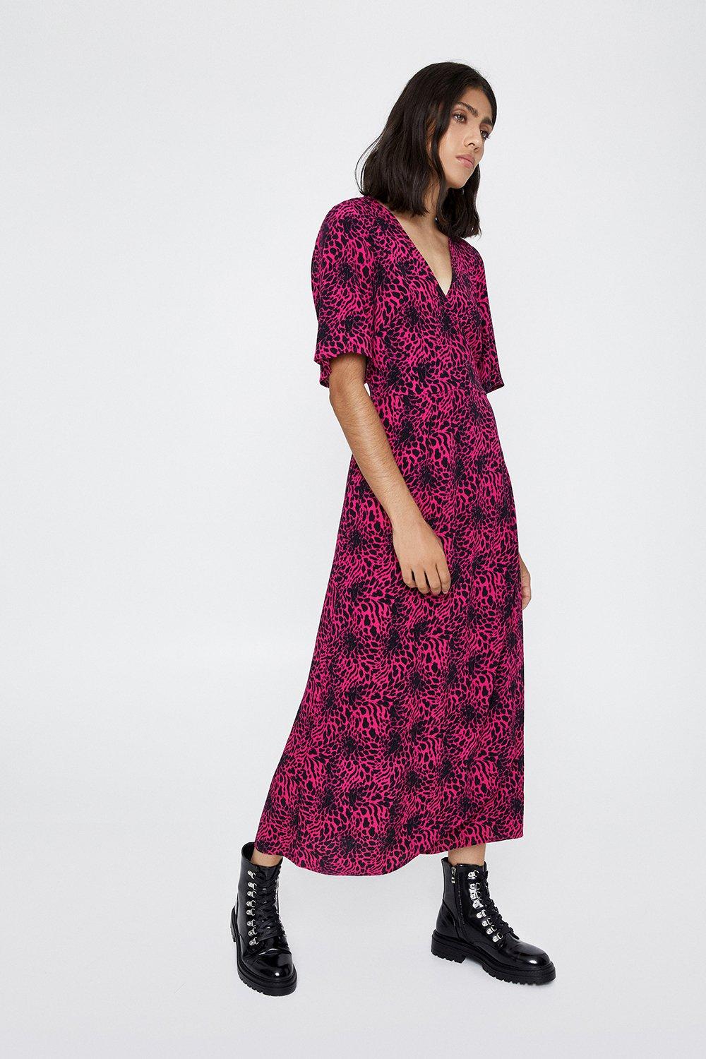 warehouse animal print midi wrap dress