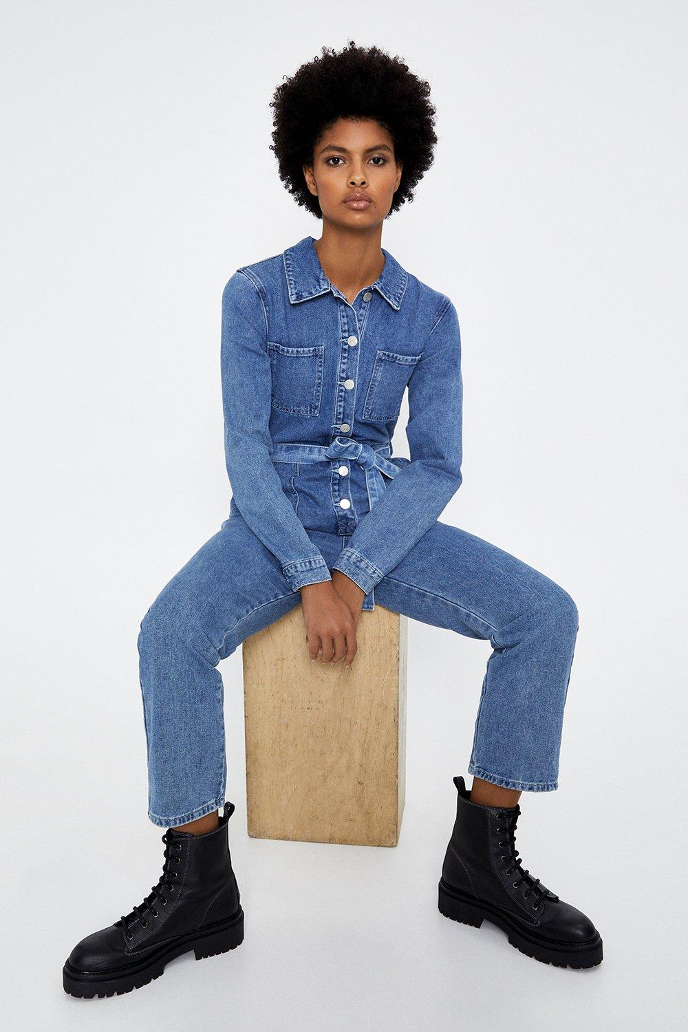 belted denim jumpsuit