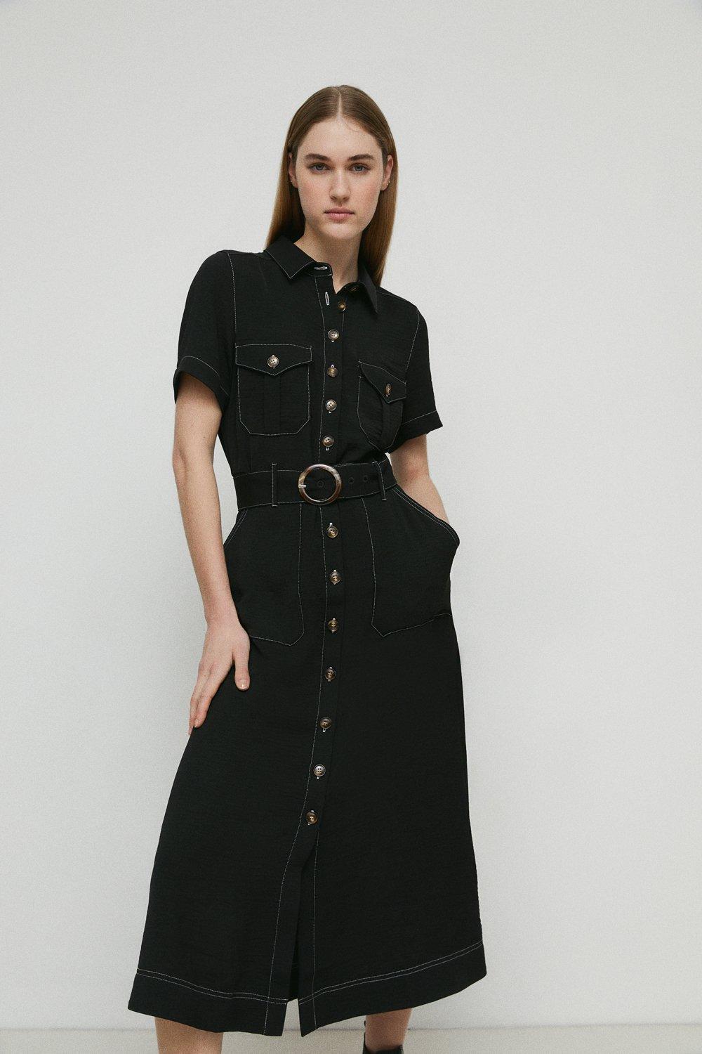 Twill Utility Belted Midi Shirt Dress | Warehouse