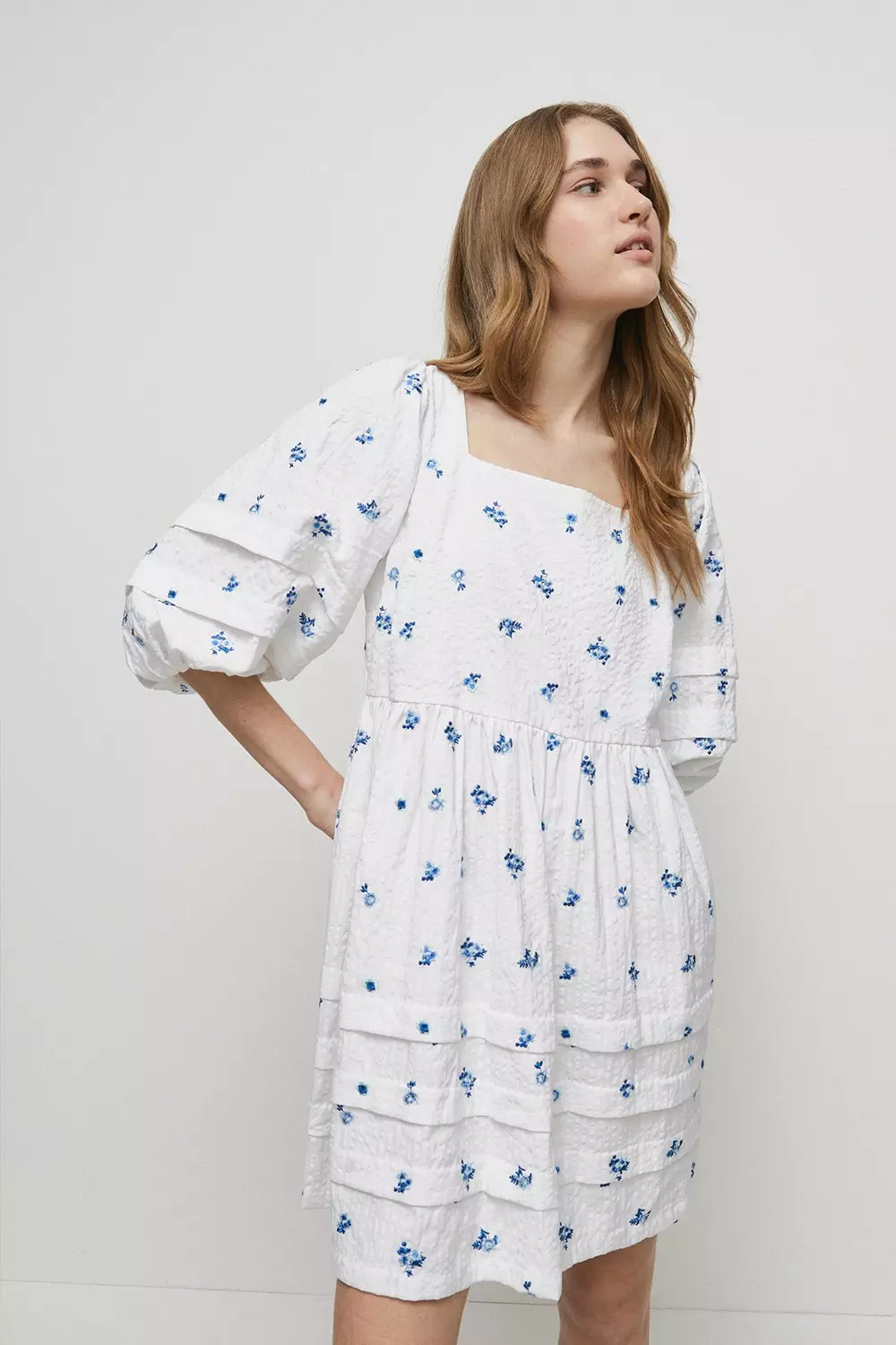 Floral Embroidered Seersucker Mini Smock Dress | Warehouse