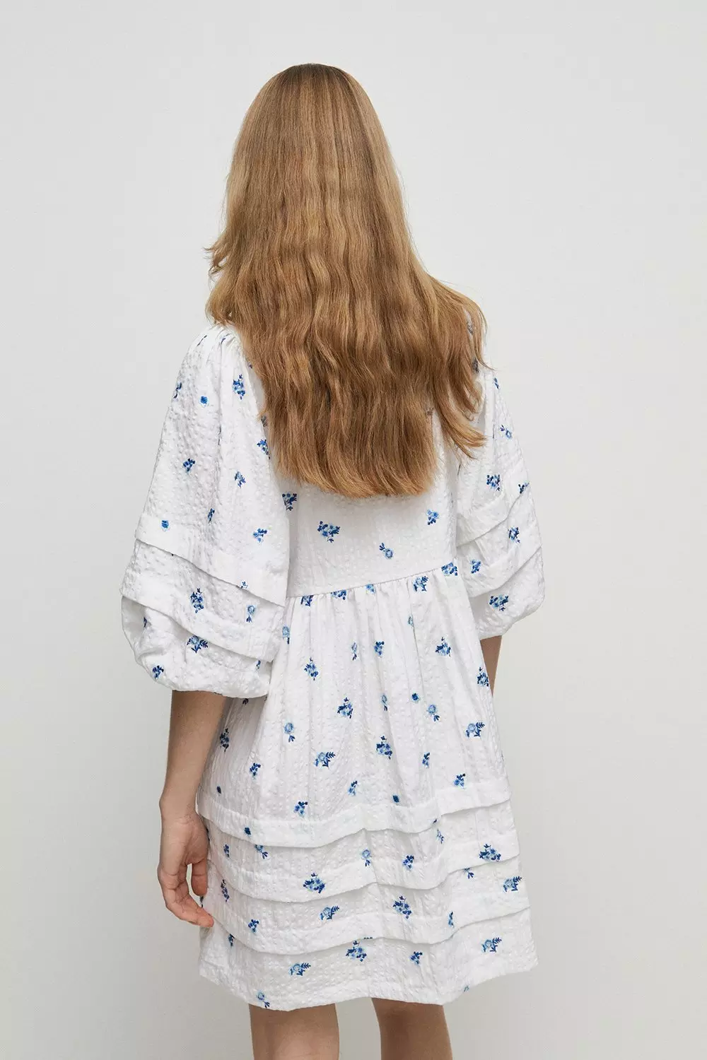 floral embroidered seersucker mini smock dress