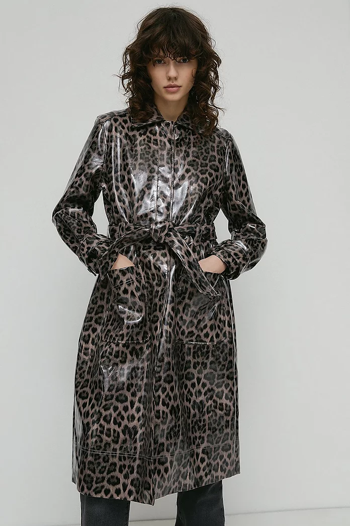 Faux Leather Patent Leopard Trench Coat | Warehouse