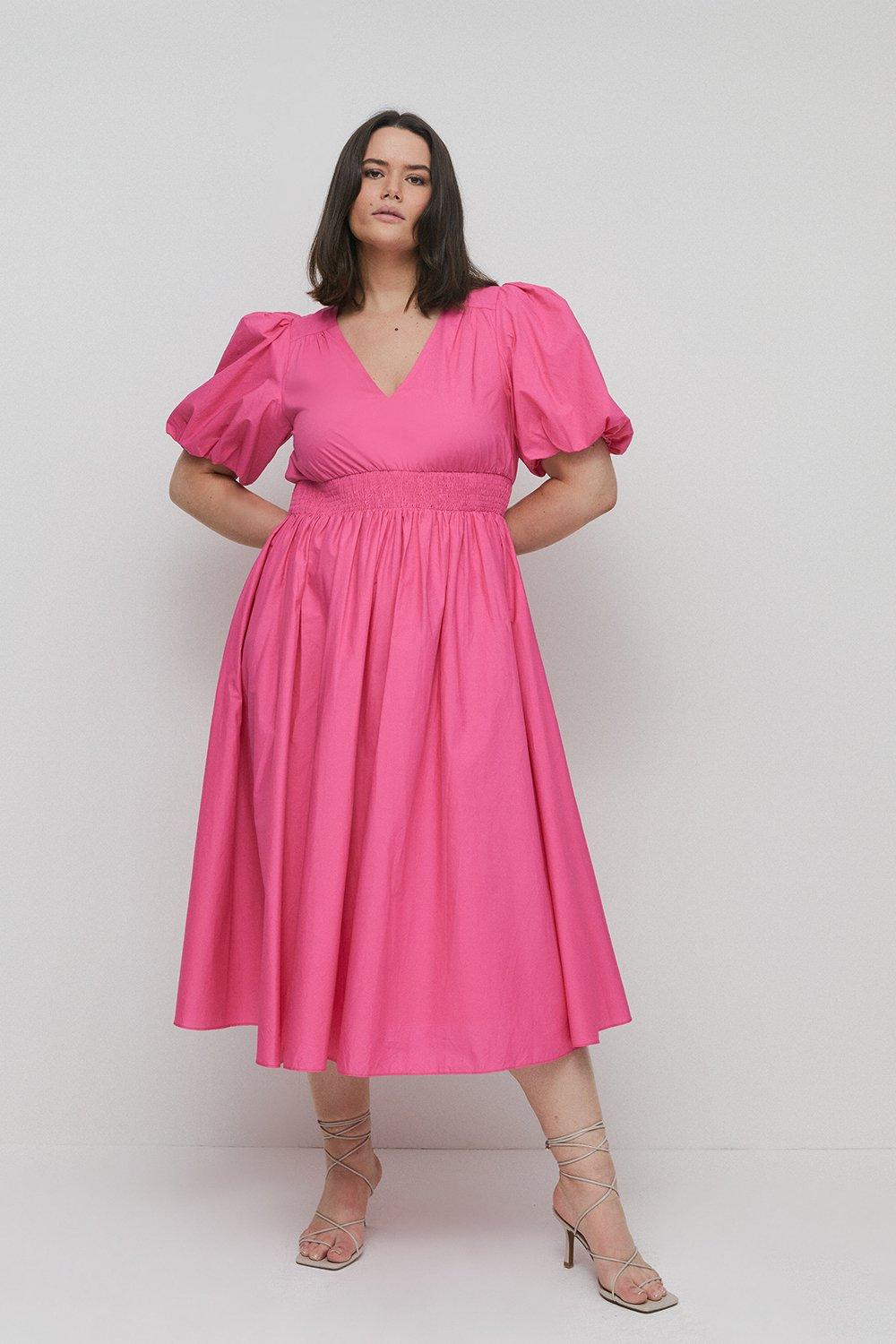 Plus Size Cotton Poplin V Neck Puff Sleeve Midi Dress | Warehouse