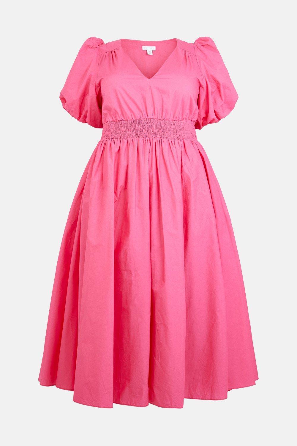 Plus Size Cotton Poplin V Neck Puff Sleeve Midi Dress