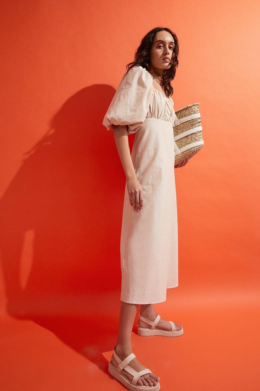 Cotton Puff Sleeve Ruched Bodice Midi Dress | Warehouse