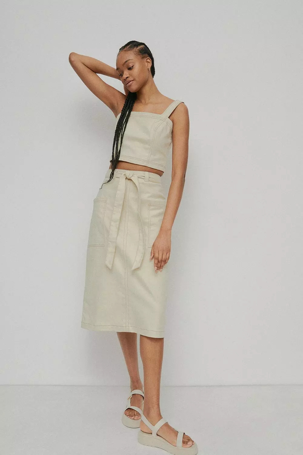 Twill Pocket Detail Belted Midi Skirt | Warehouse