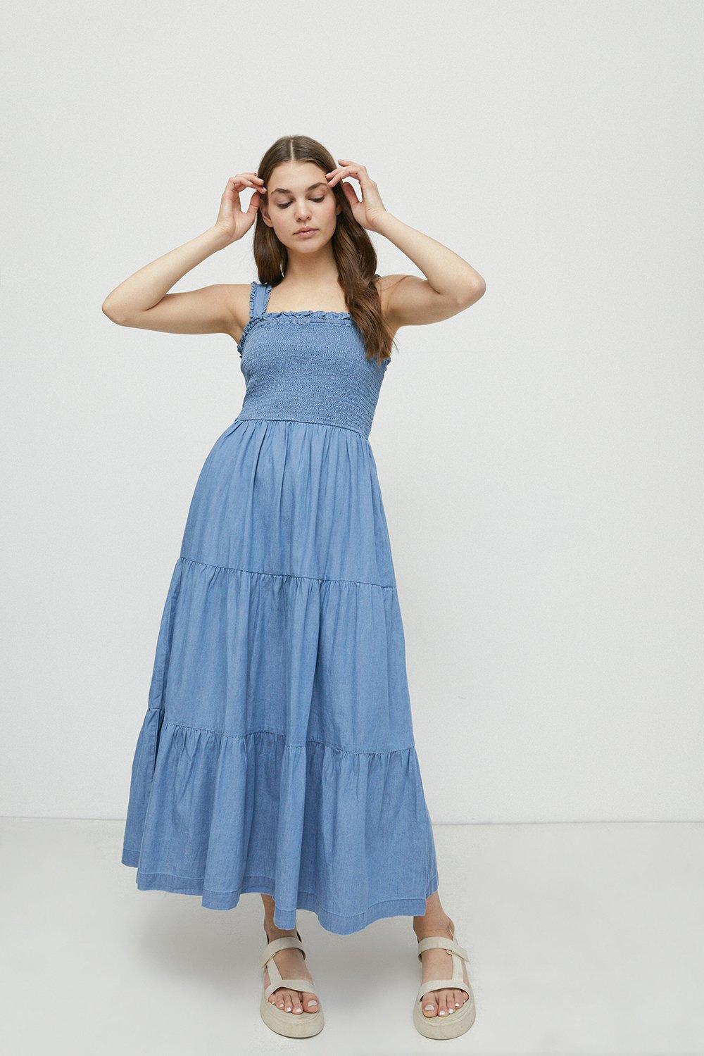 denim shirred dress