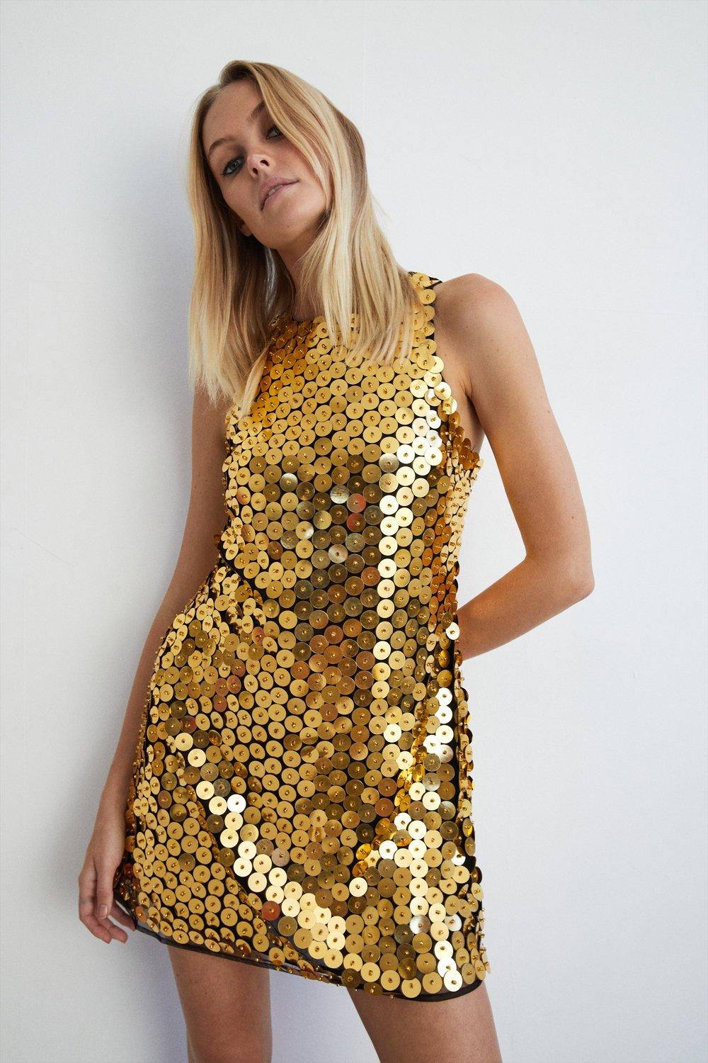 Disc Chainmail Sequin Halter Mini Dress