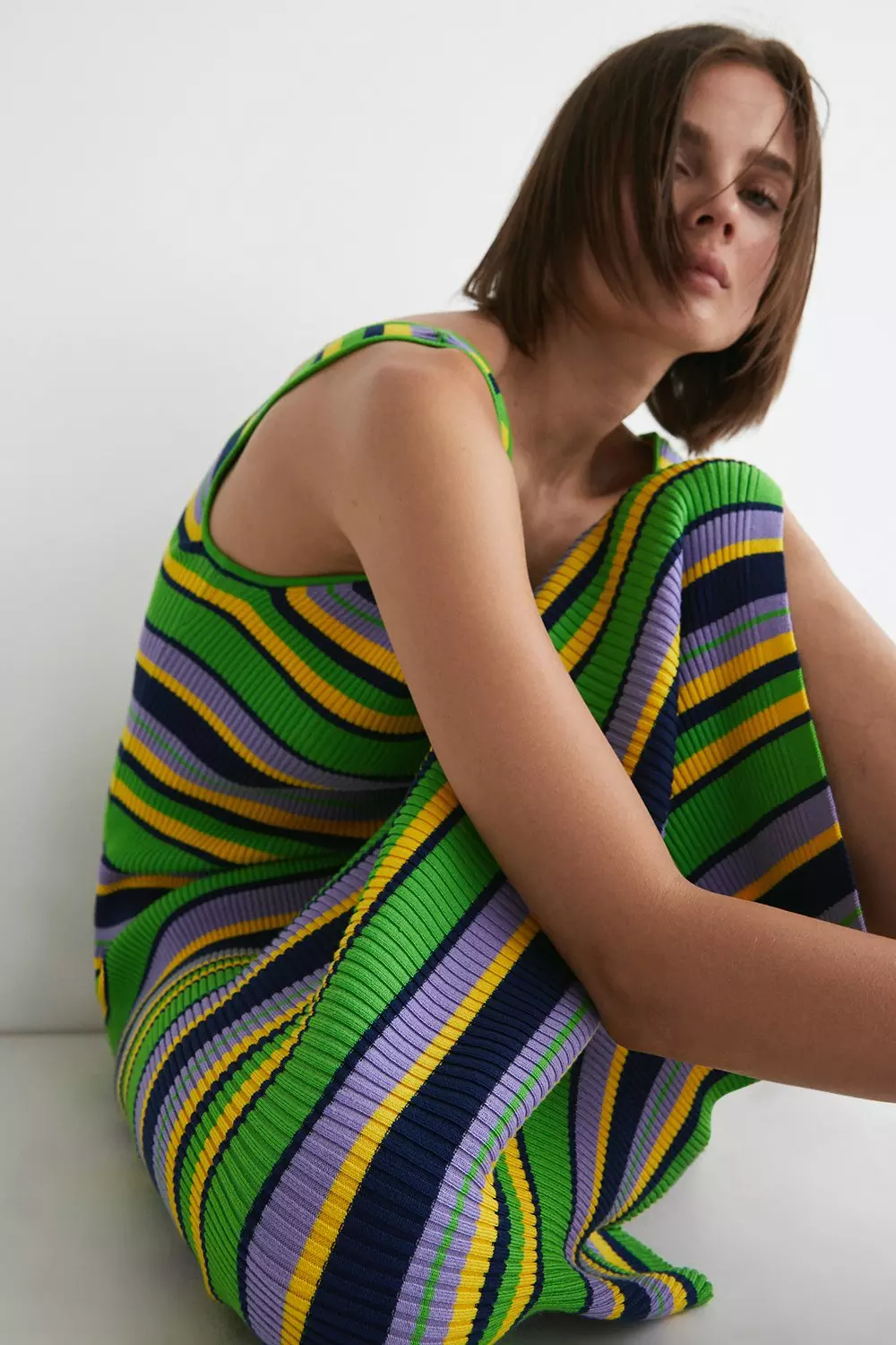 Multi Stripe Ribbed Knit Midi Dress | Warehouse