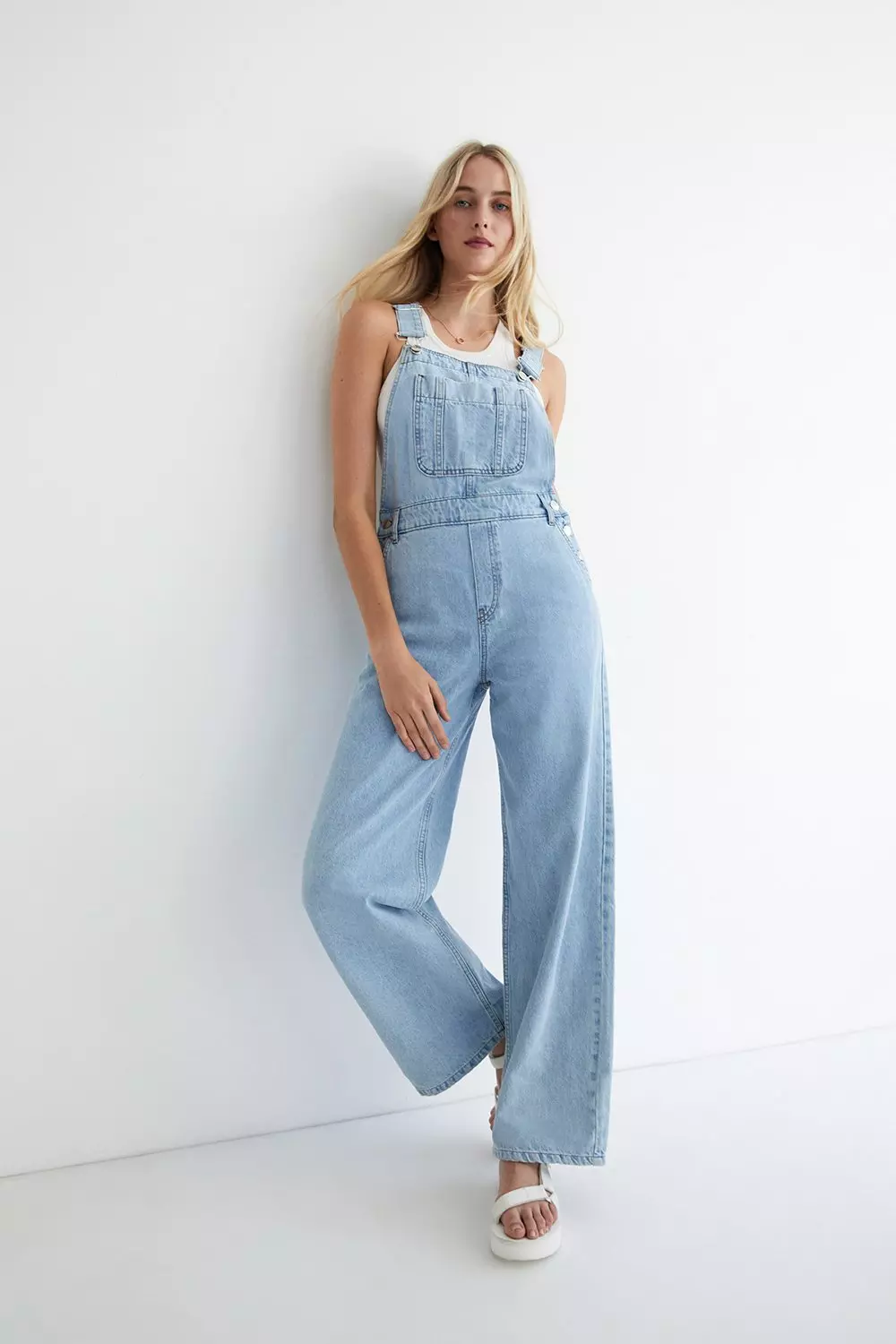 Monki relaxed dungarees with contrast detail in light wash denim