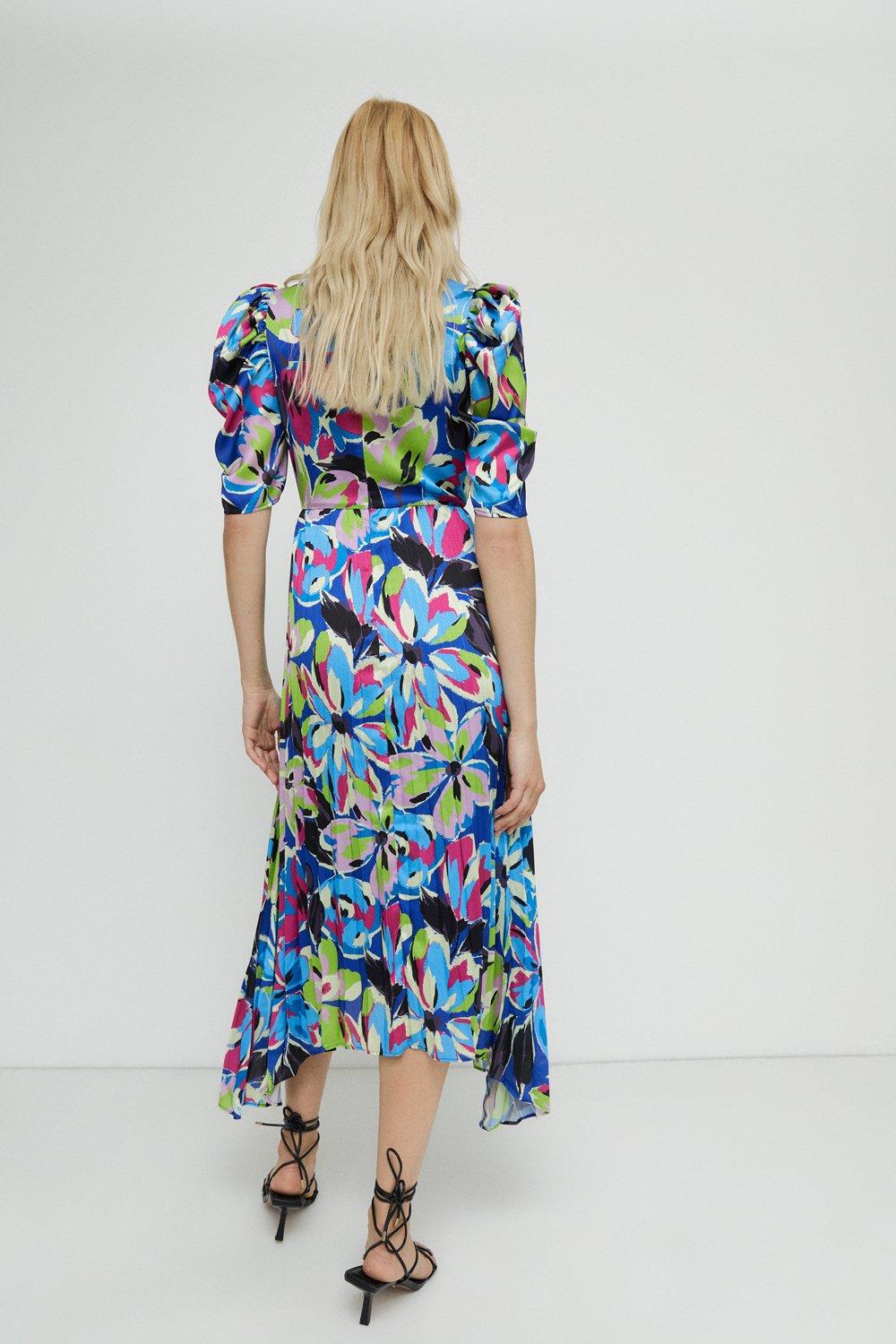 multi floral pleated sleeve midi dress