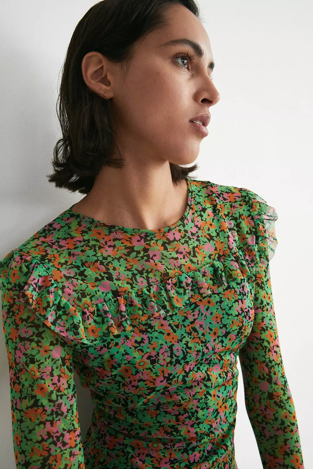 Floral Mesh Ruffle Yoke Long Sleeve Mini Dress | Warehouse