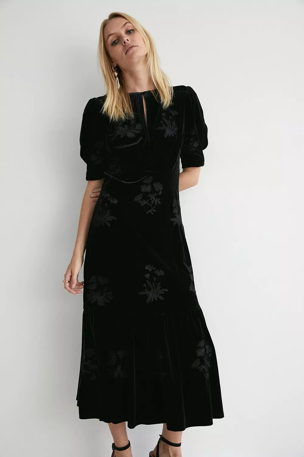 velvet floral embroidered tiered midi dress