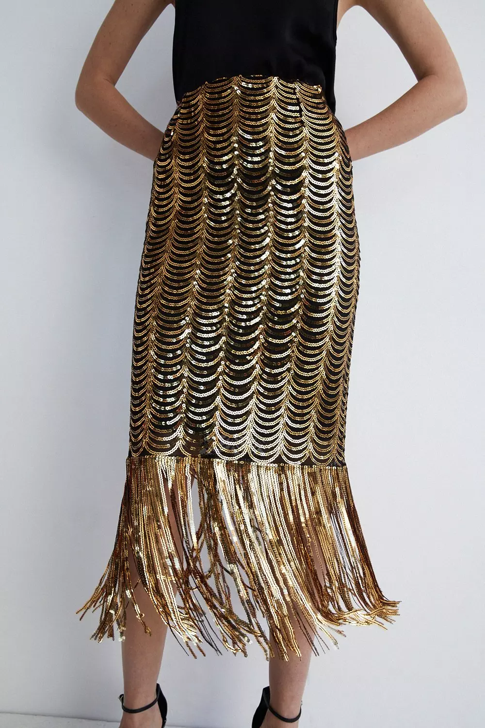 Most Radiant Rose Gold Sequin Fringe Midi Skirt