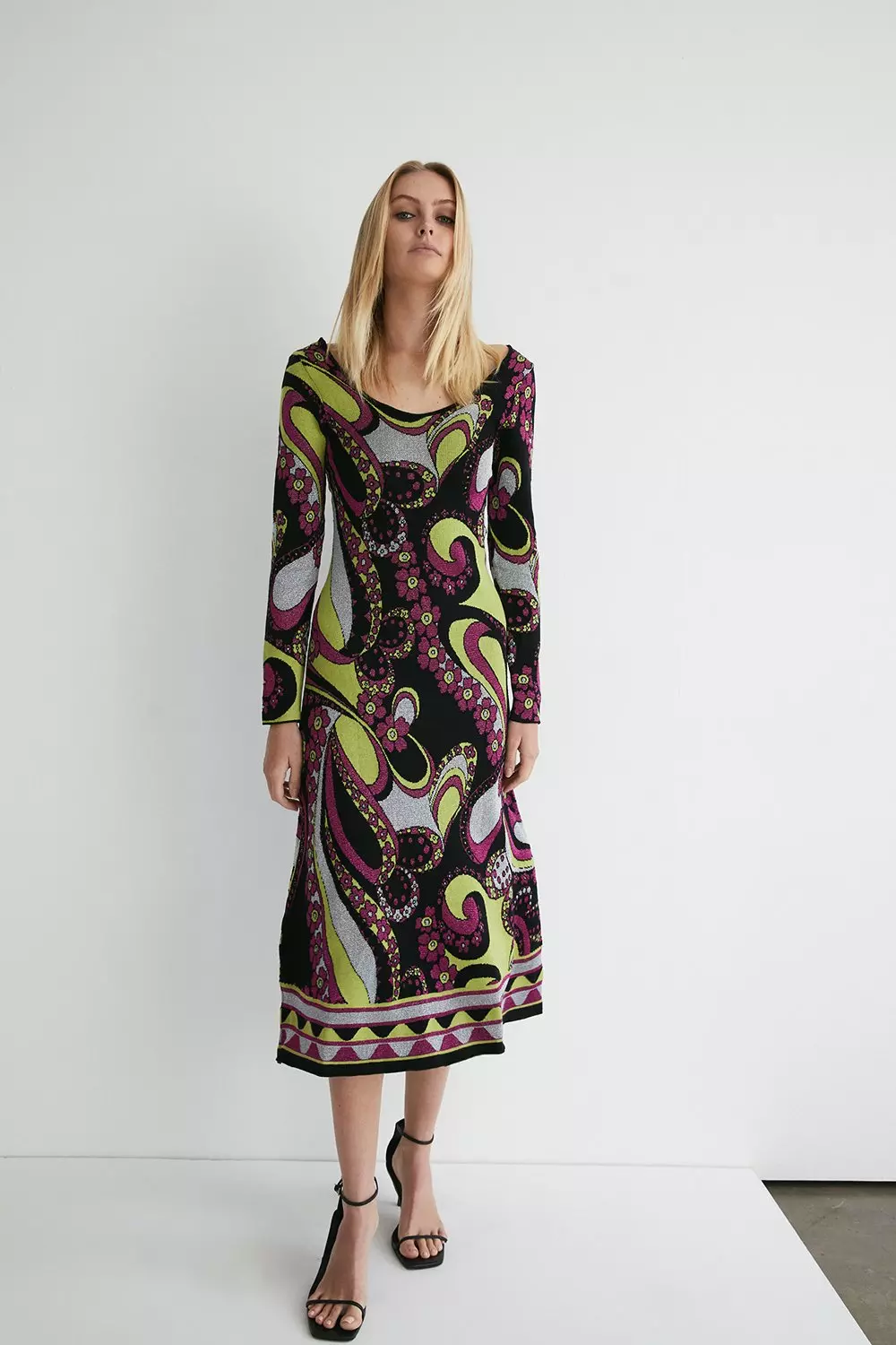 Metallic Border Jacquard Knit Midi Dress | Warehouse
