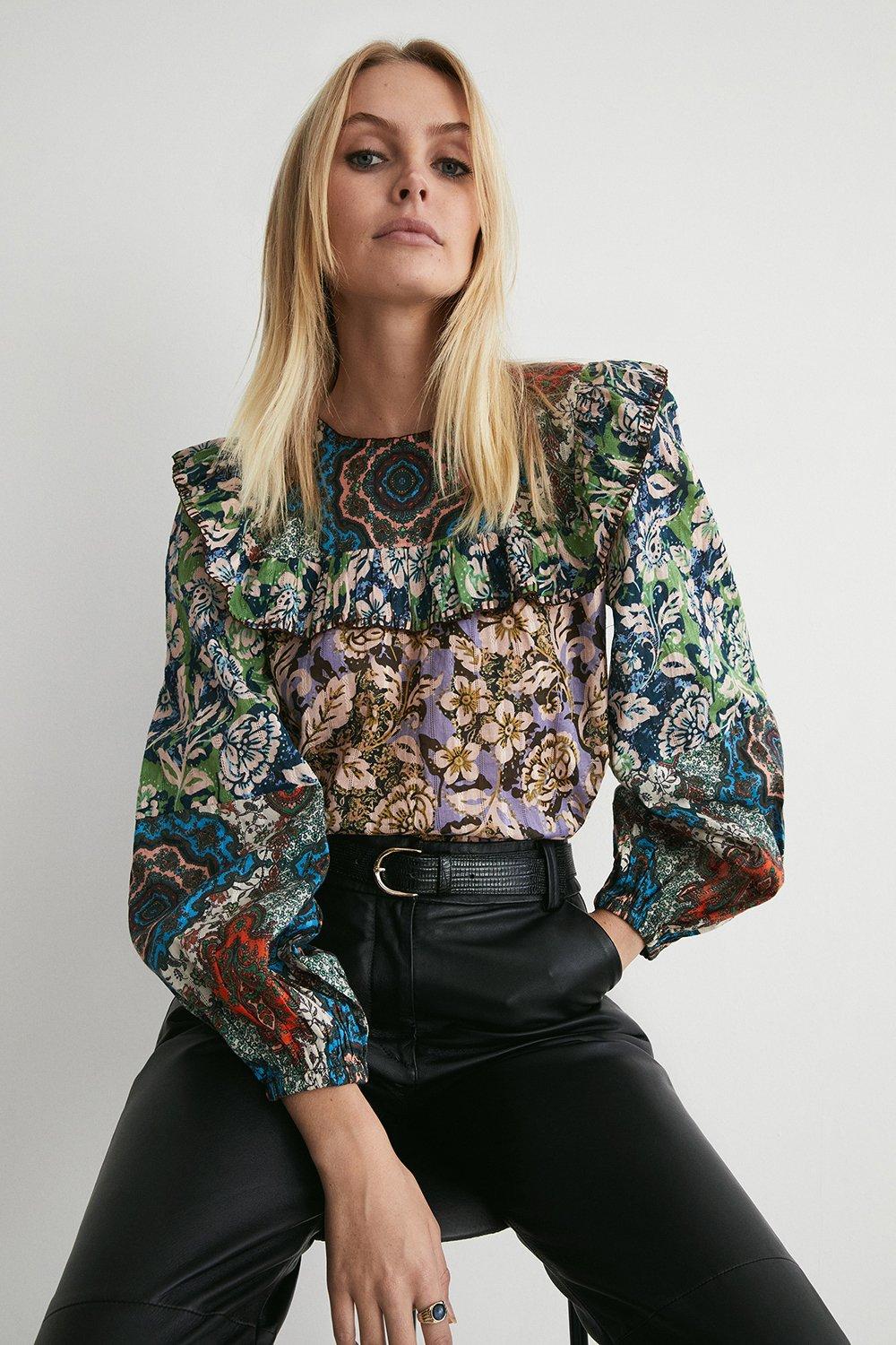 Floral Print Mix Frill Yoke Blouse | Warehouse