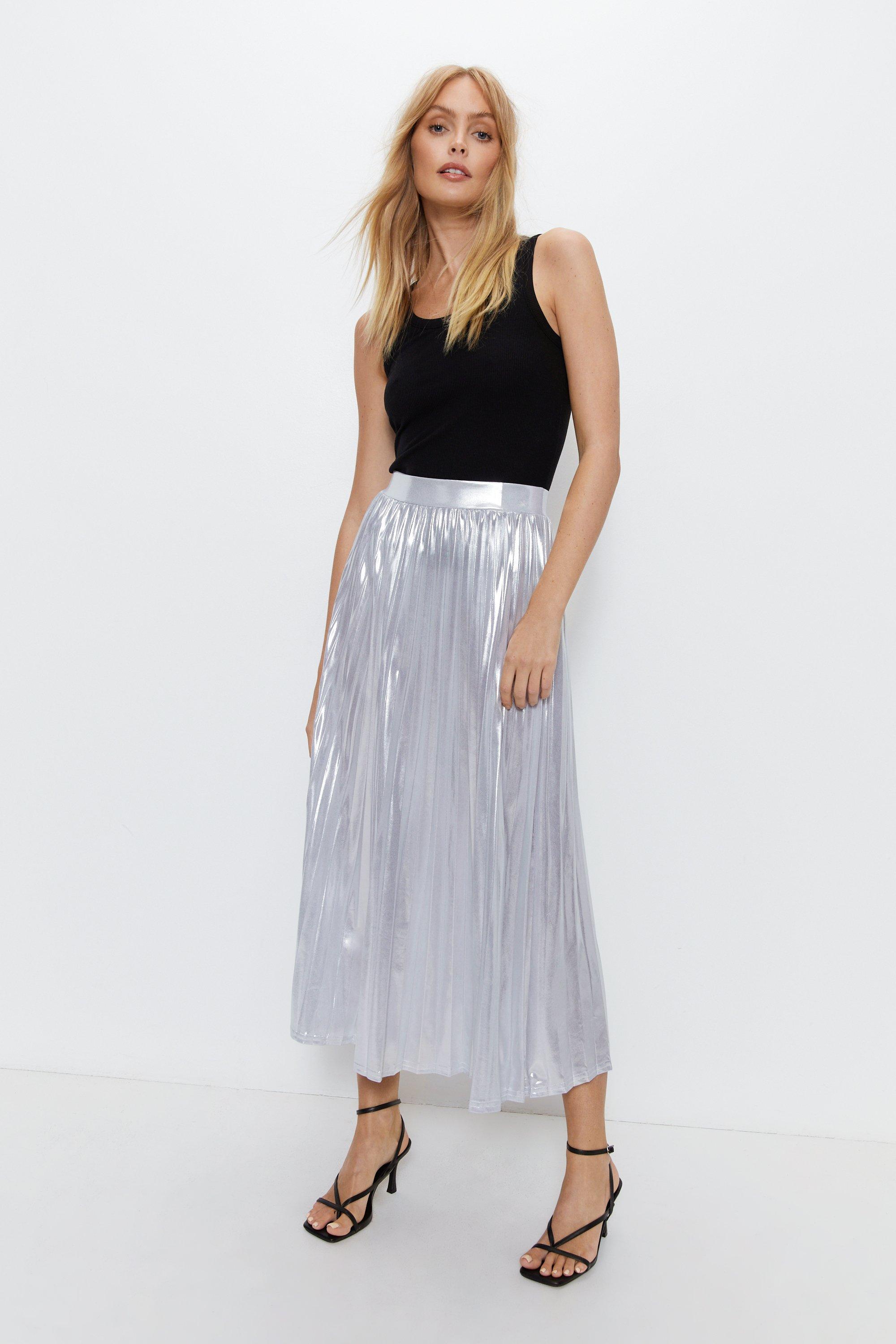 Metallic pleated on sale midi skirt warehouse