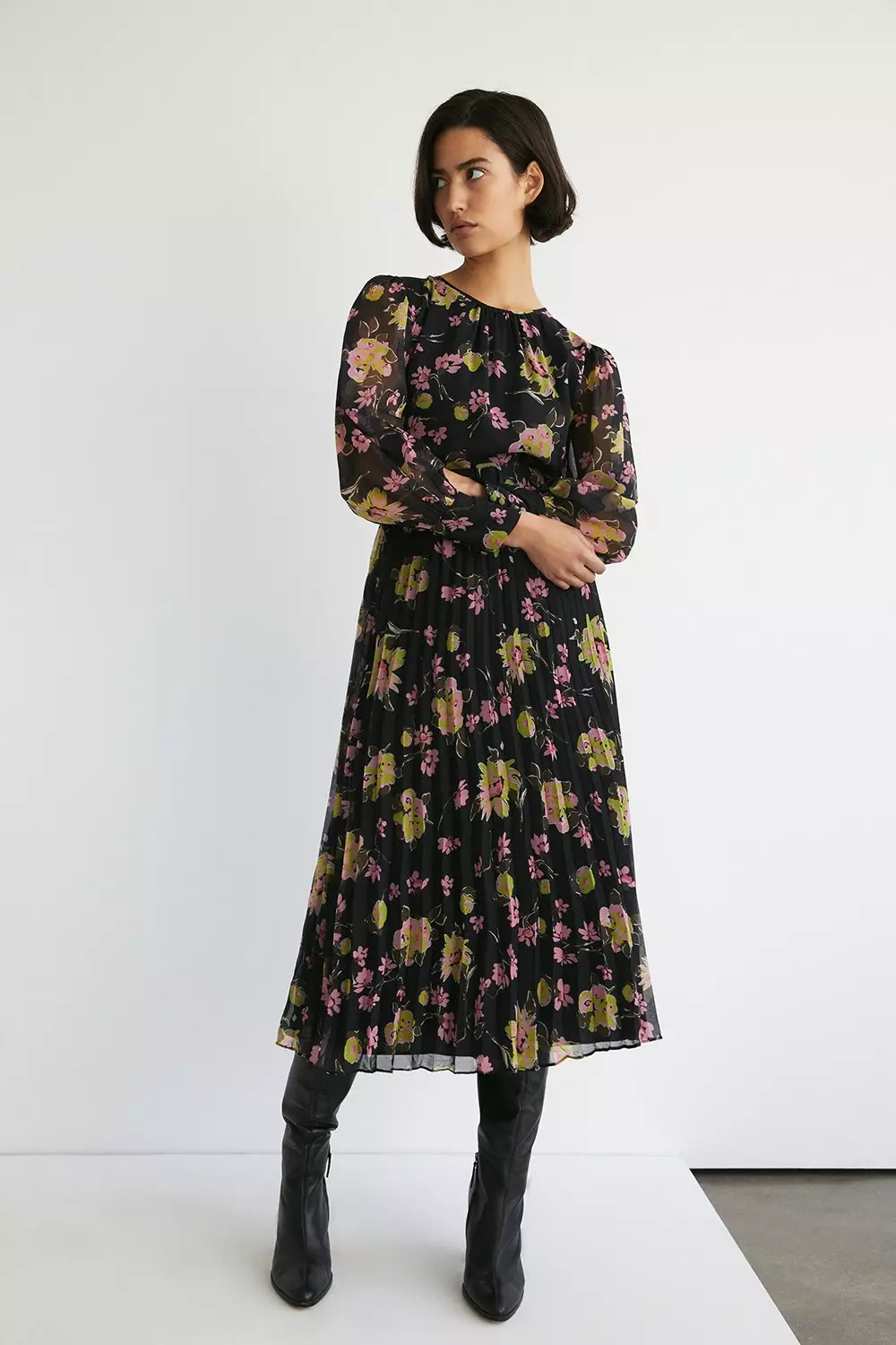 Recycled Floral Pleated Chiffon Belted Midi Dress | Warehouse
