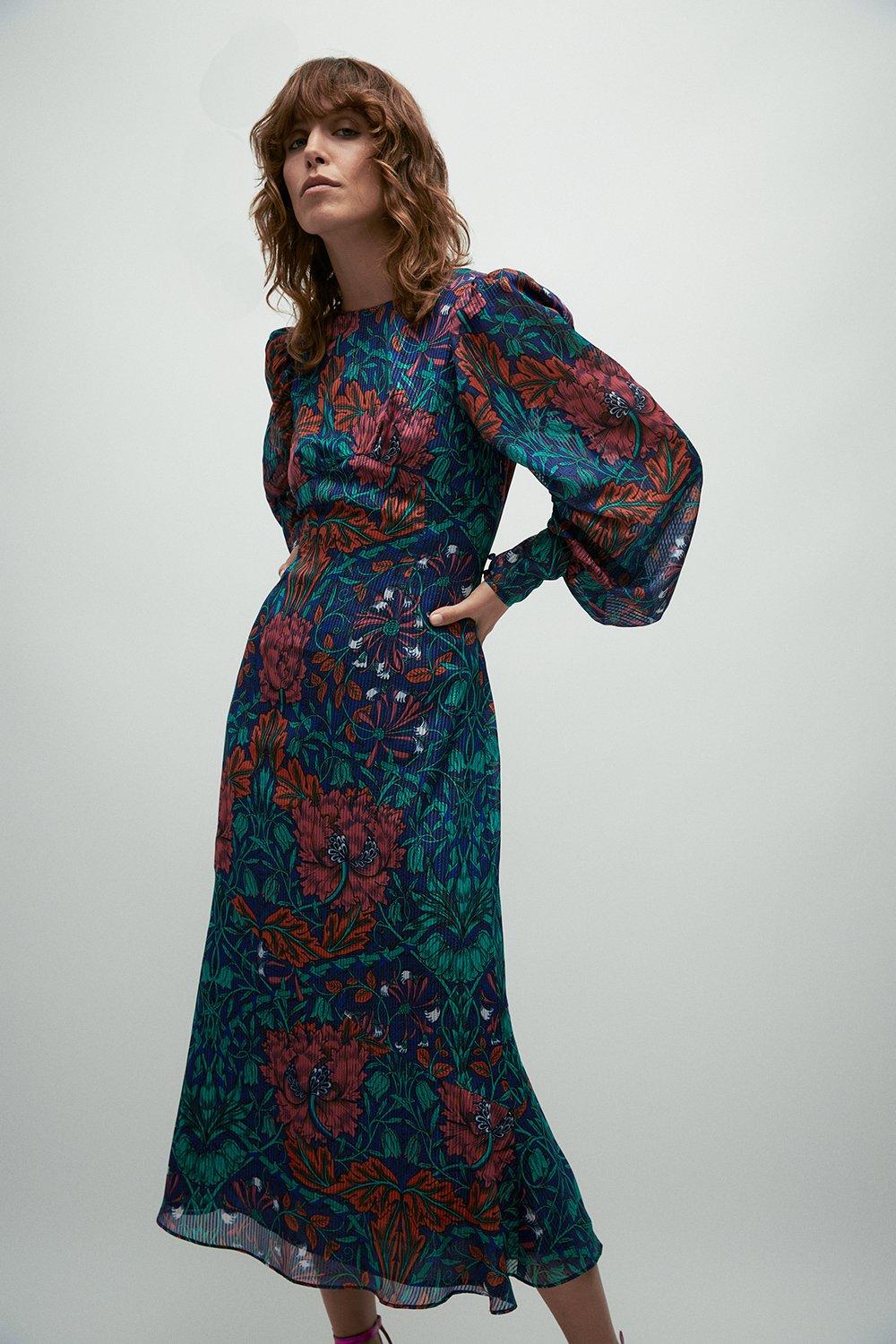 WH x William Morris Society Sparkle Puff Sleeve Midi Dress