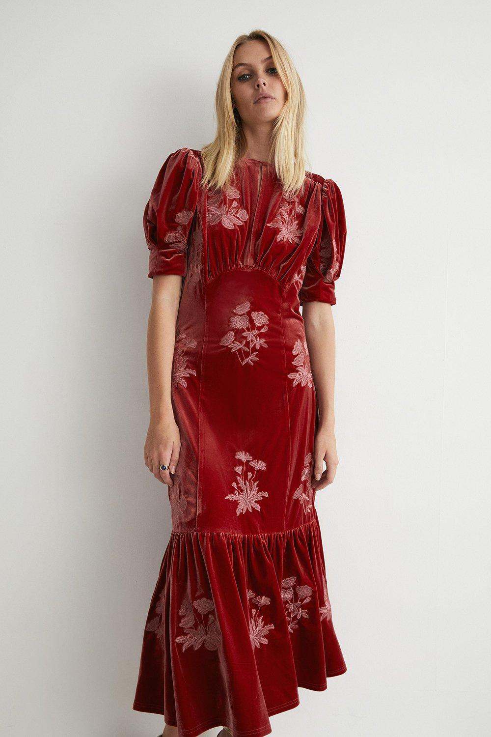 Petite Velvet Embroidered Tiered Midi Dress | Warehouse