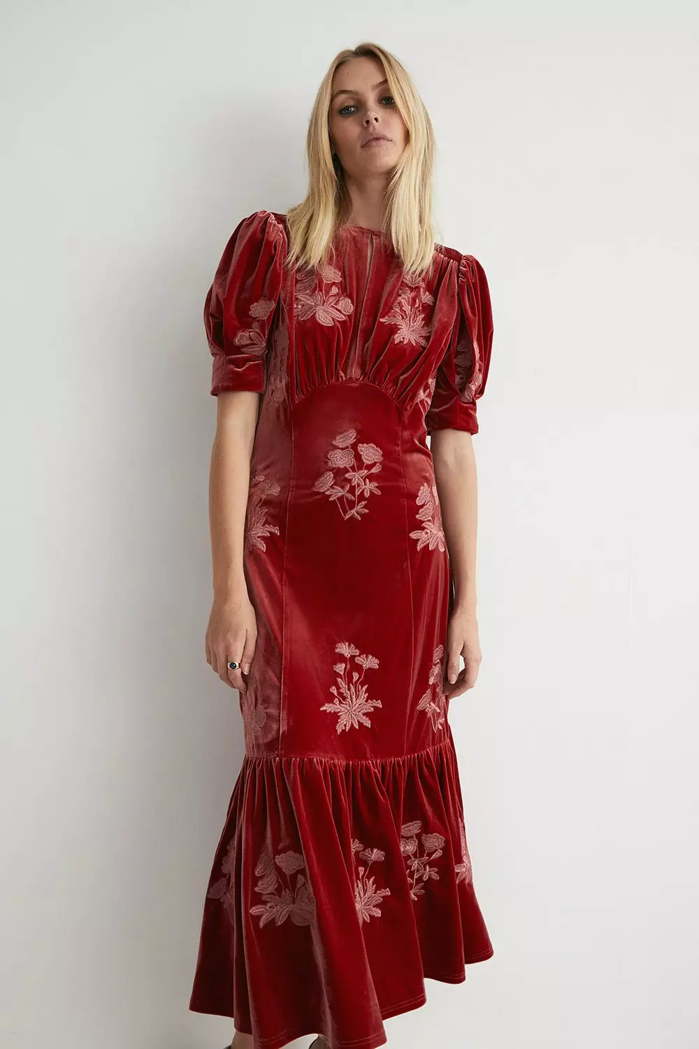 Embroidered Velour Midi Dress