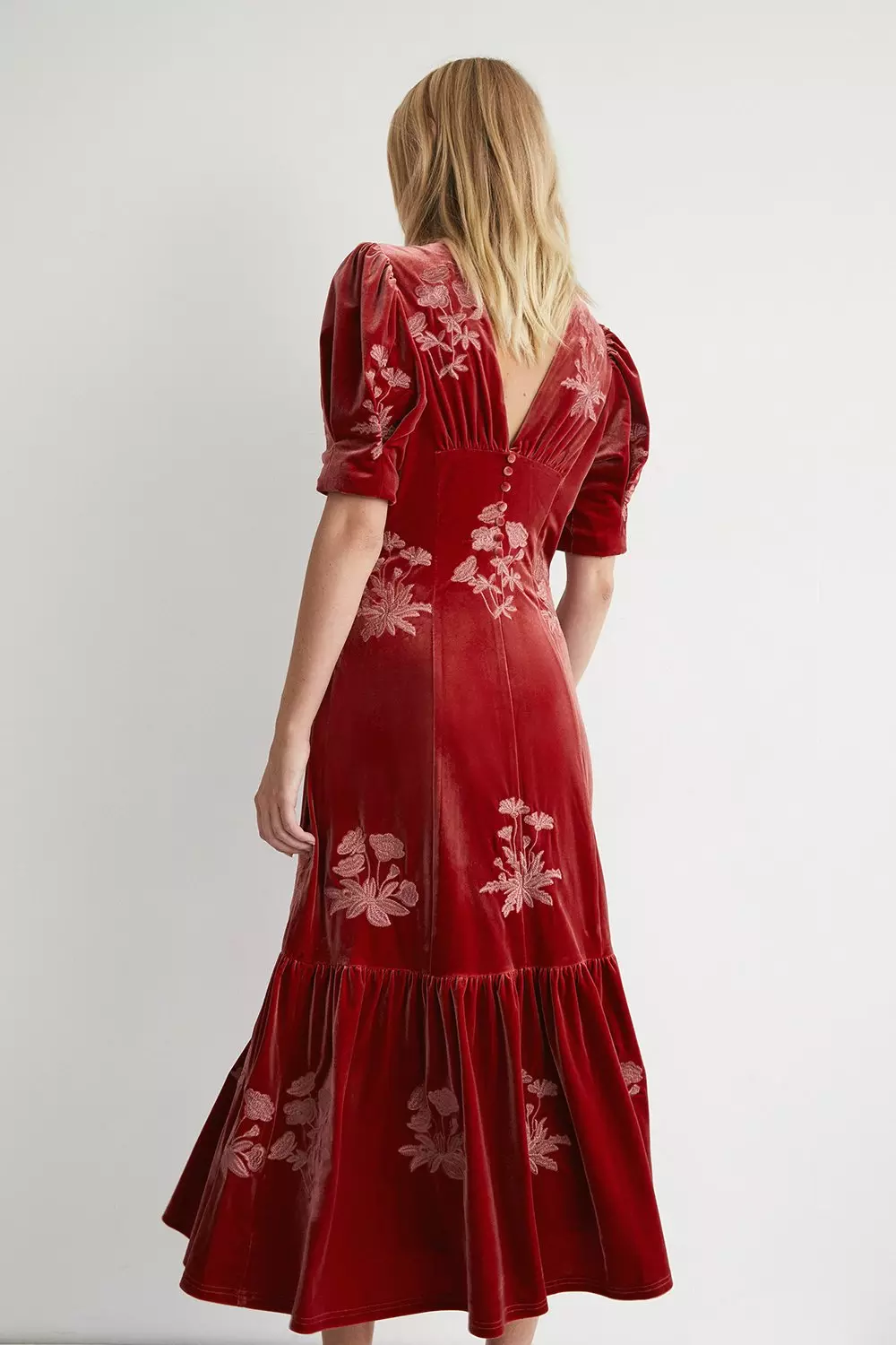 Petite Velvet Embroidered Tiered Midi Dress | Warehouse