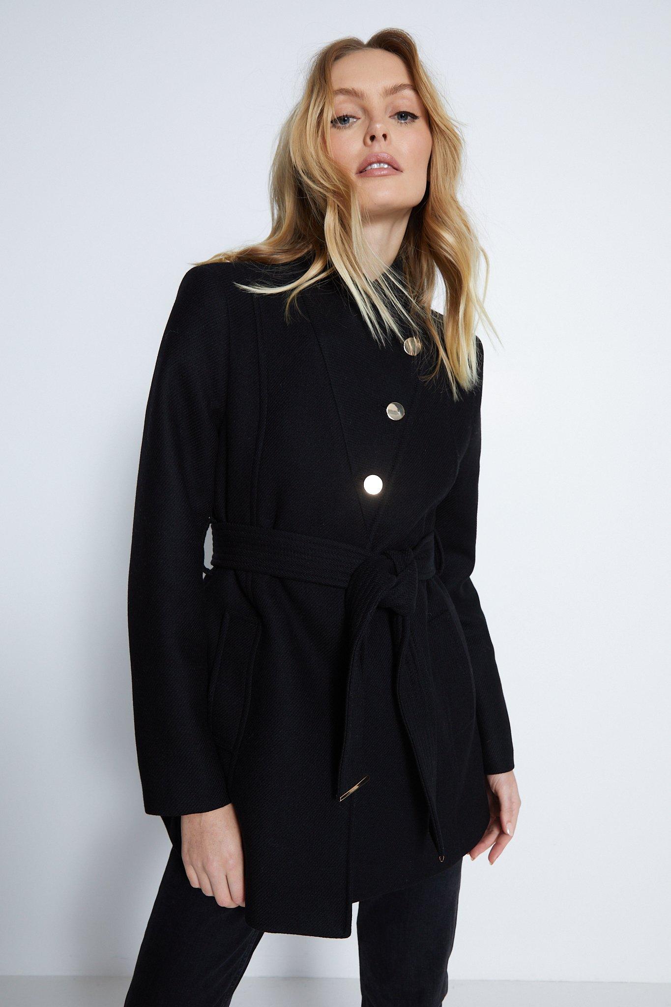 Longline Faux Leather Belted Coat in Black - Roman Originals UK