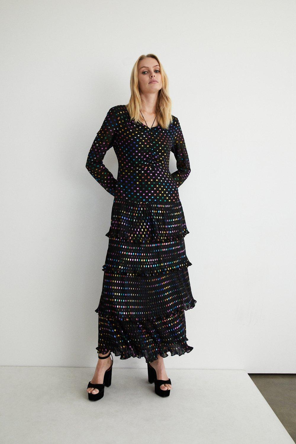 Rainbow Foil Spot Pleated Tiered Midi Dress | Warehouse