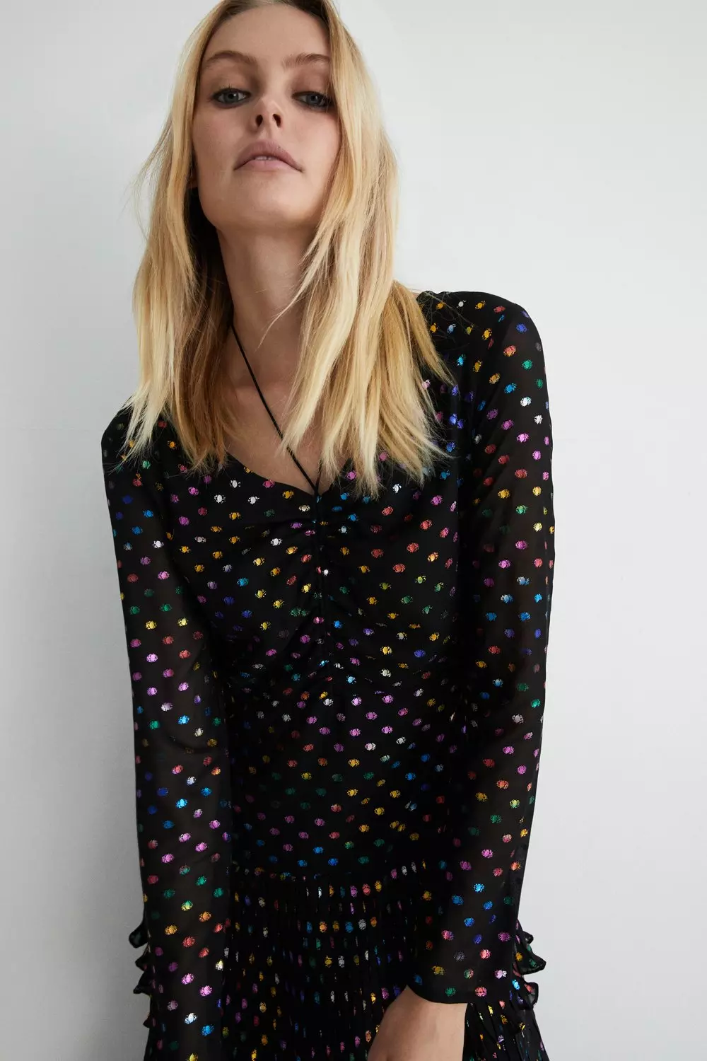 Rainbow Foil Spot Pleated Tiered Midi Dress