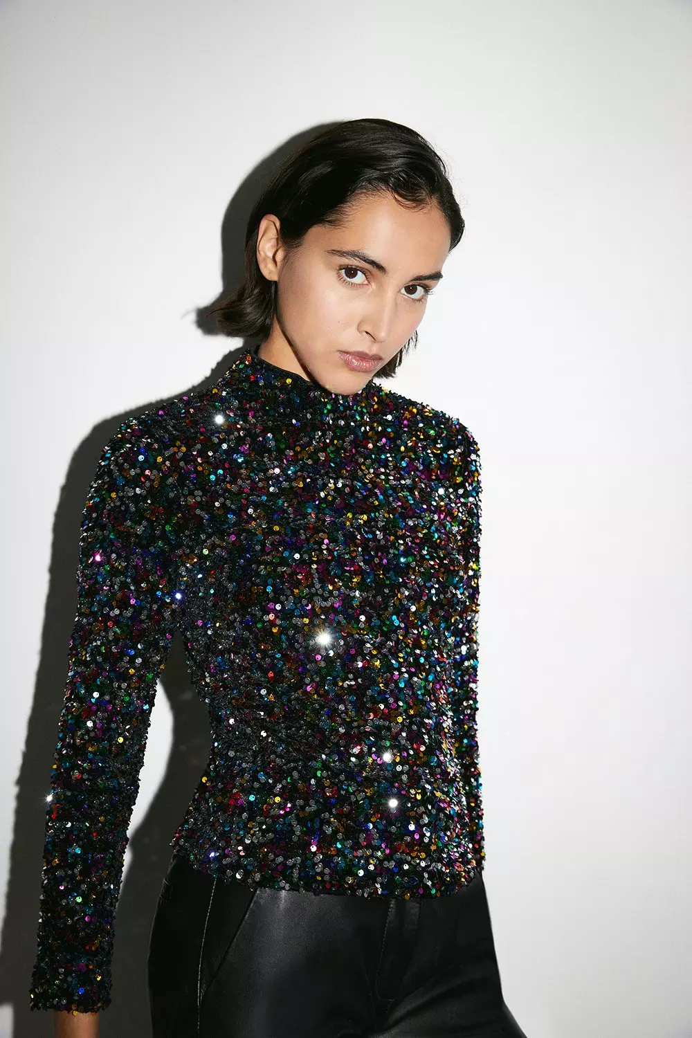 Velvet Rainbow Sequin Funnel Neck Top | Warehouse