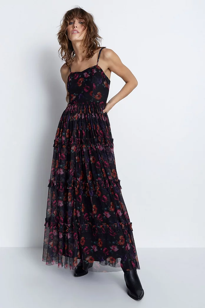 Floral Tulle Strappy Maxi Dress