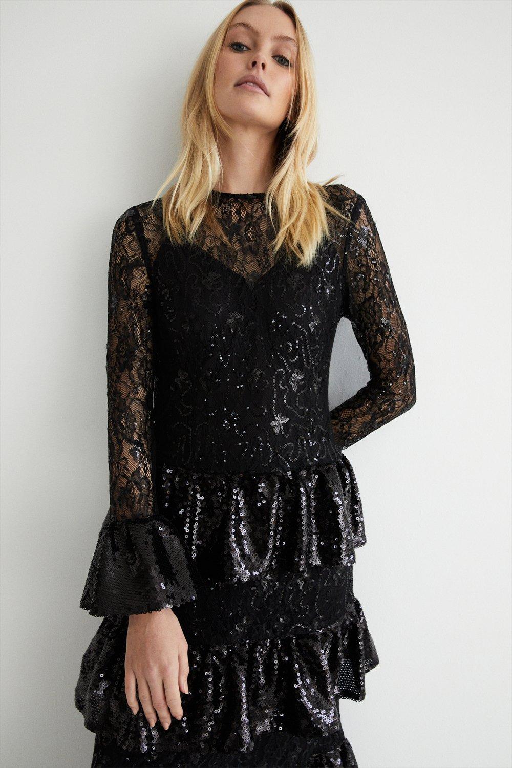 black sequin ruffle dress