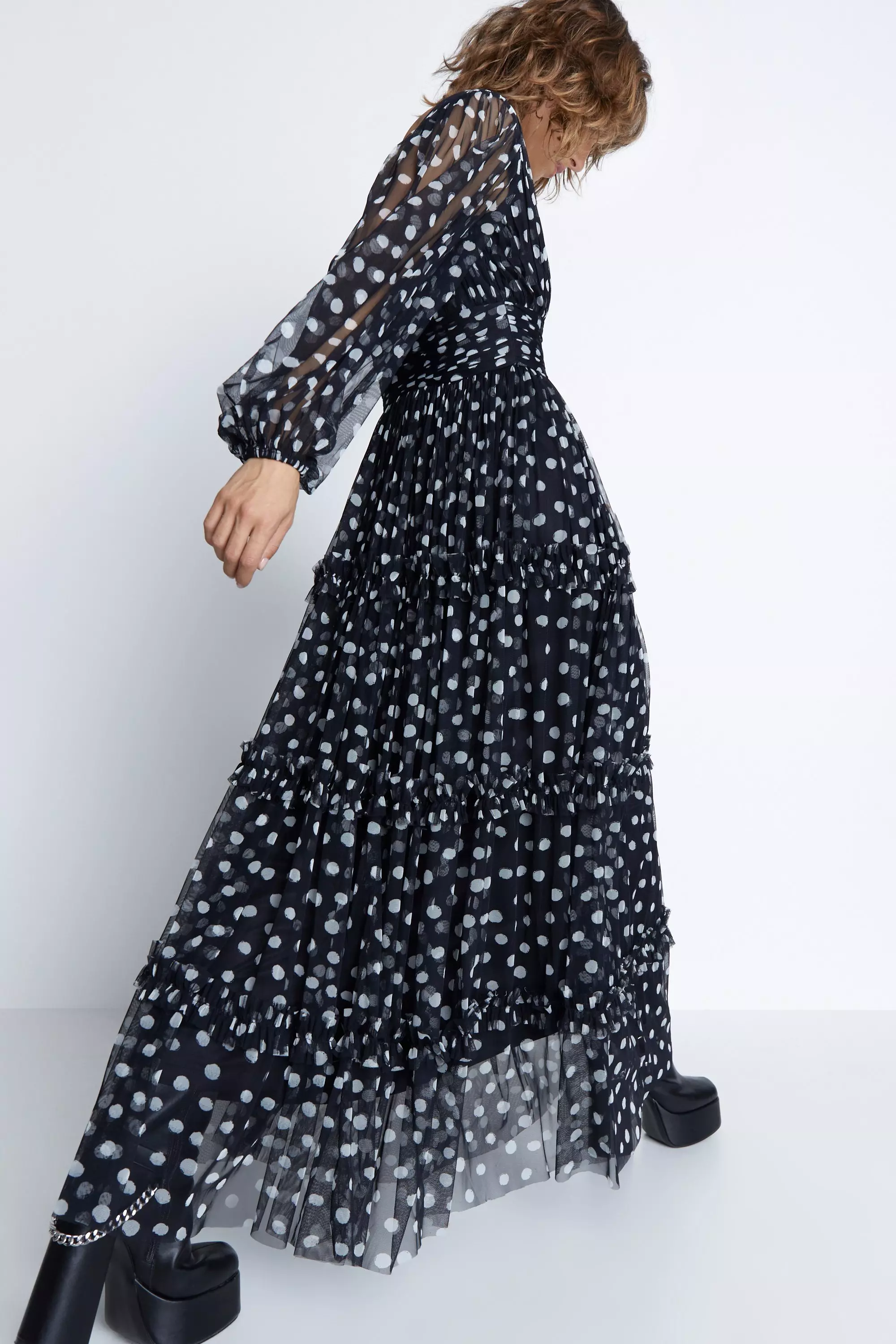 Spot Tulle Balloon Sleeve Tiered Maxi Dress