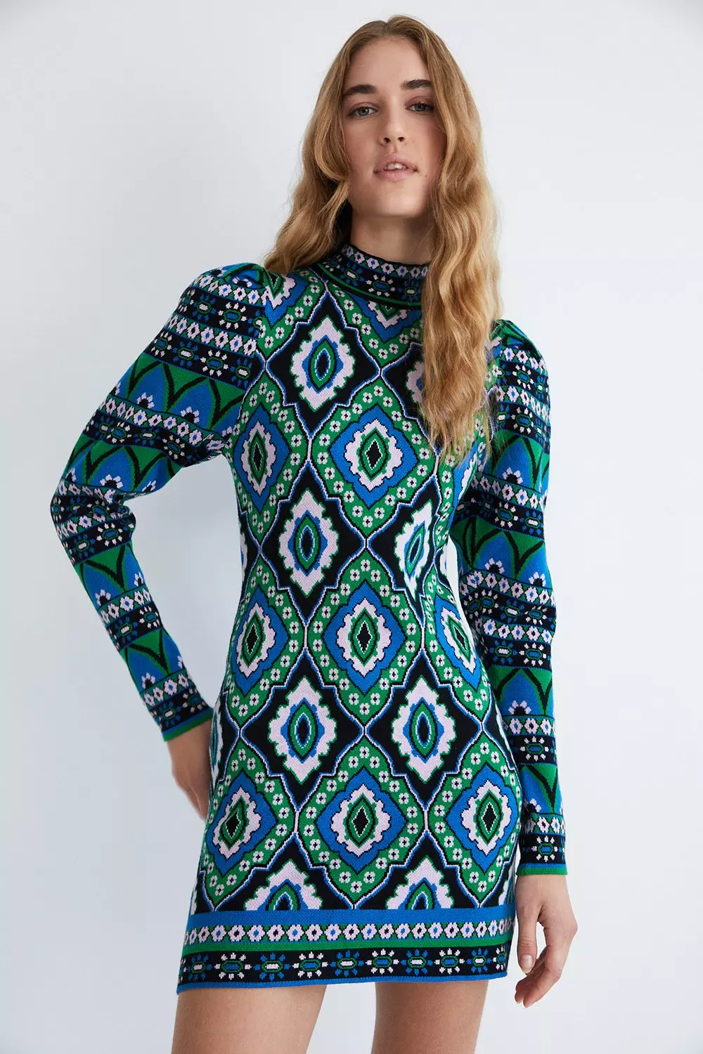 Tile Border Jacquard Knit Dress | Warehouse
