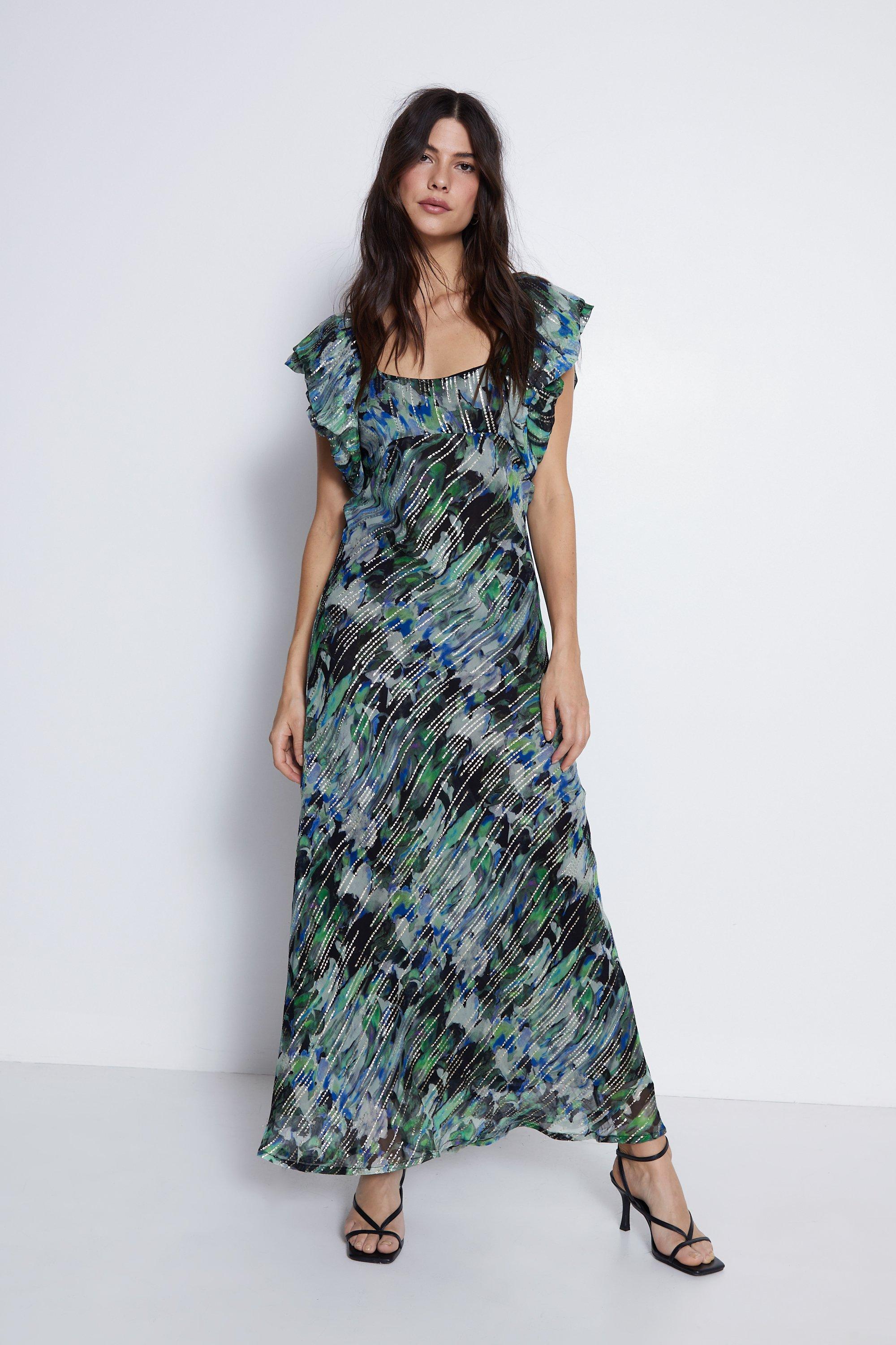 Bimba Y Lola Abstract-print Fluted Maxi Dress in Green