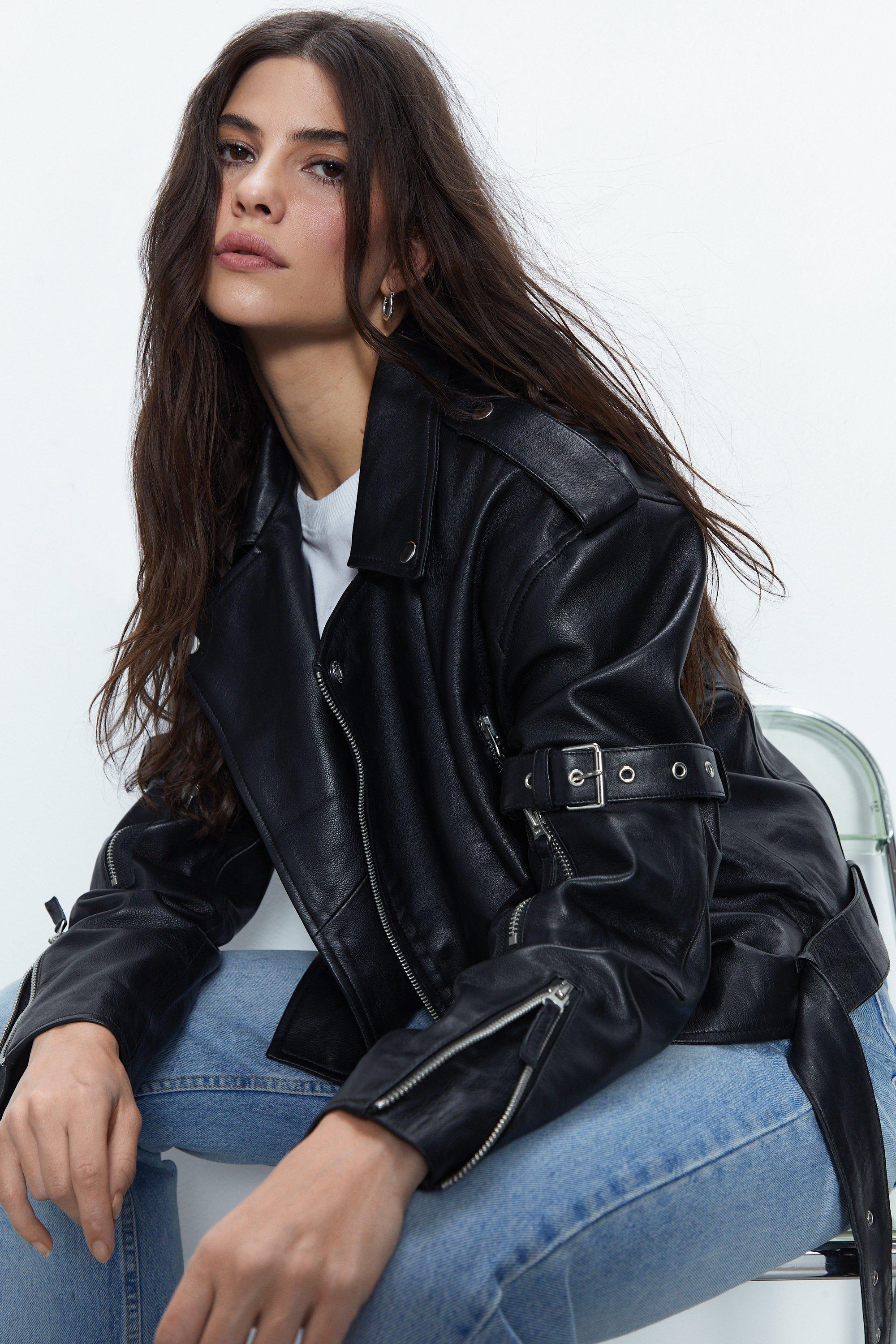 Women's Black Leather Biker Jacket, White Print Playsuit, Black