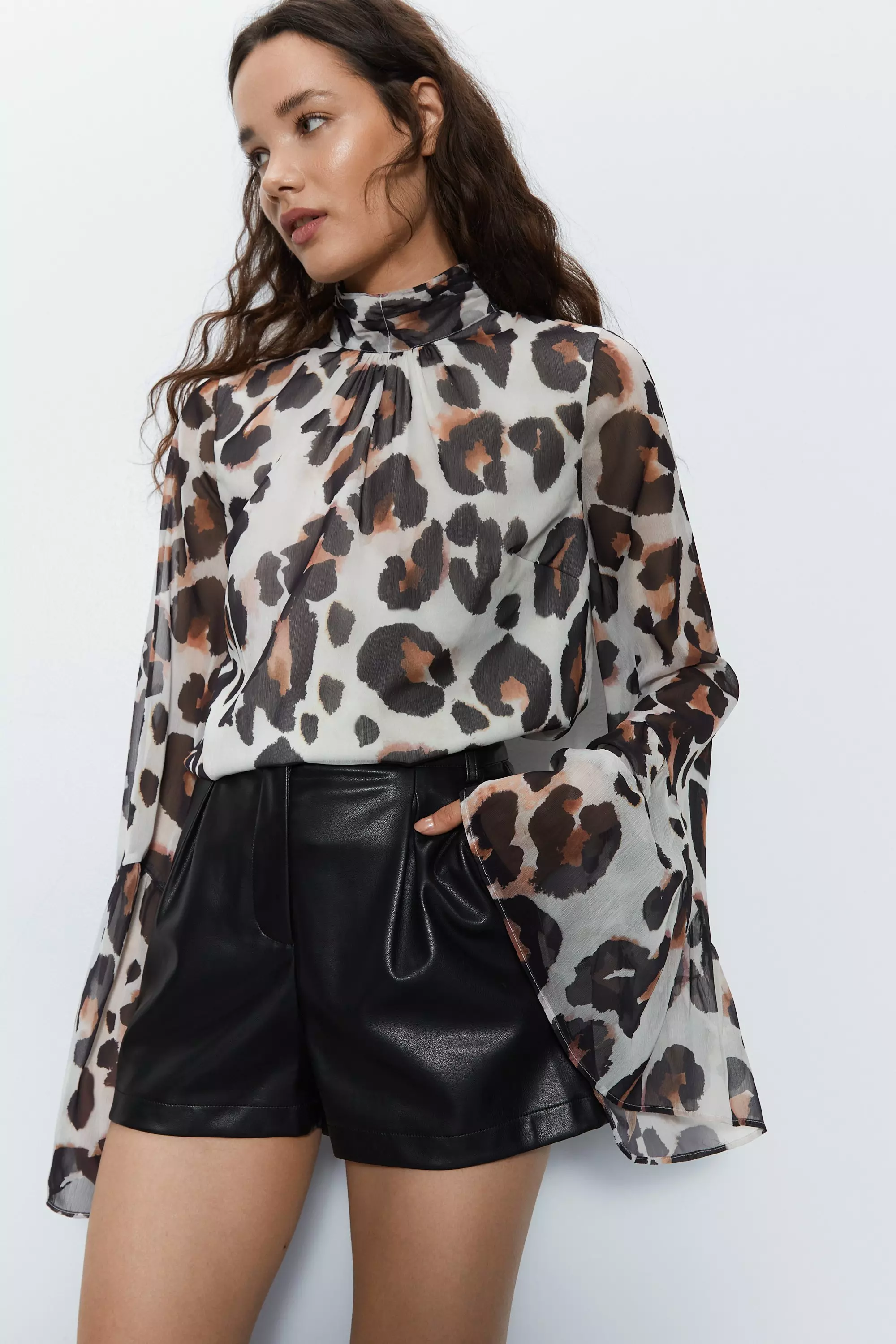 Recycled Leopard High Neck Flute Sleeve Blouse