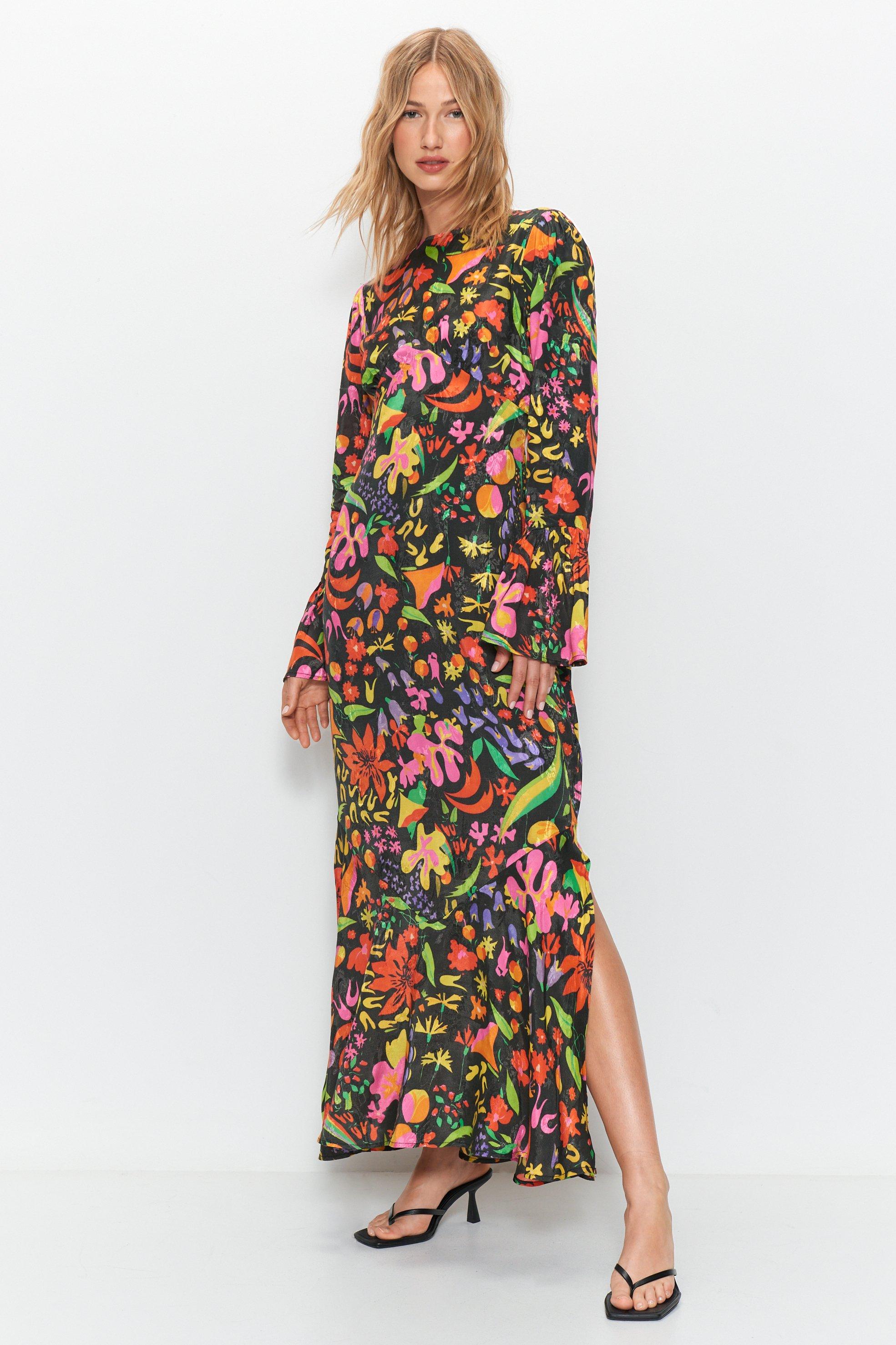 Mixed Floral Jacquard Flute Sleeve Jacquard Midi Dress | Warehouse