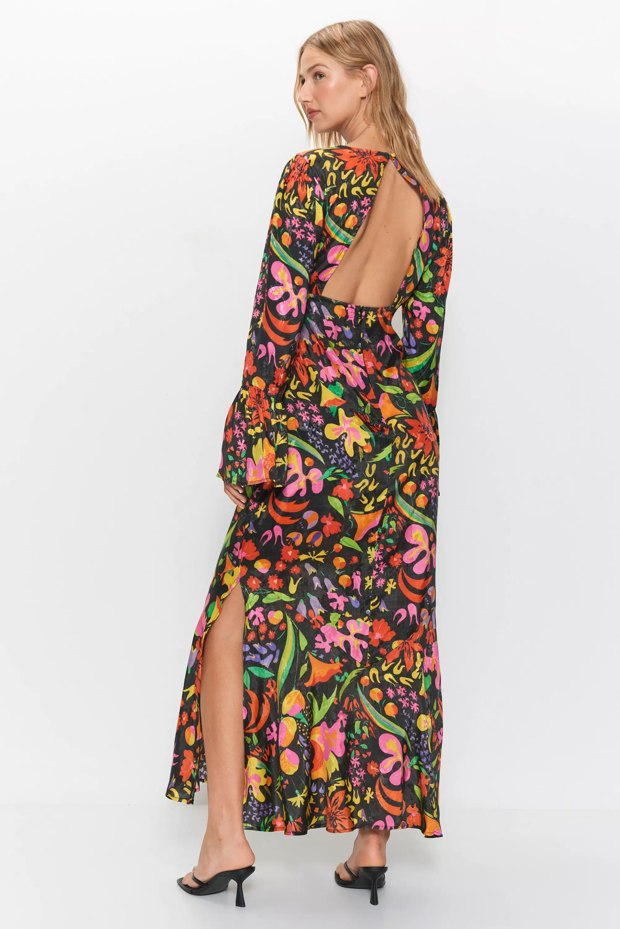 Mixed Floral Jacquard Flute Sleeve Jacquard Midi Dress | Warehouse