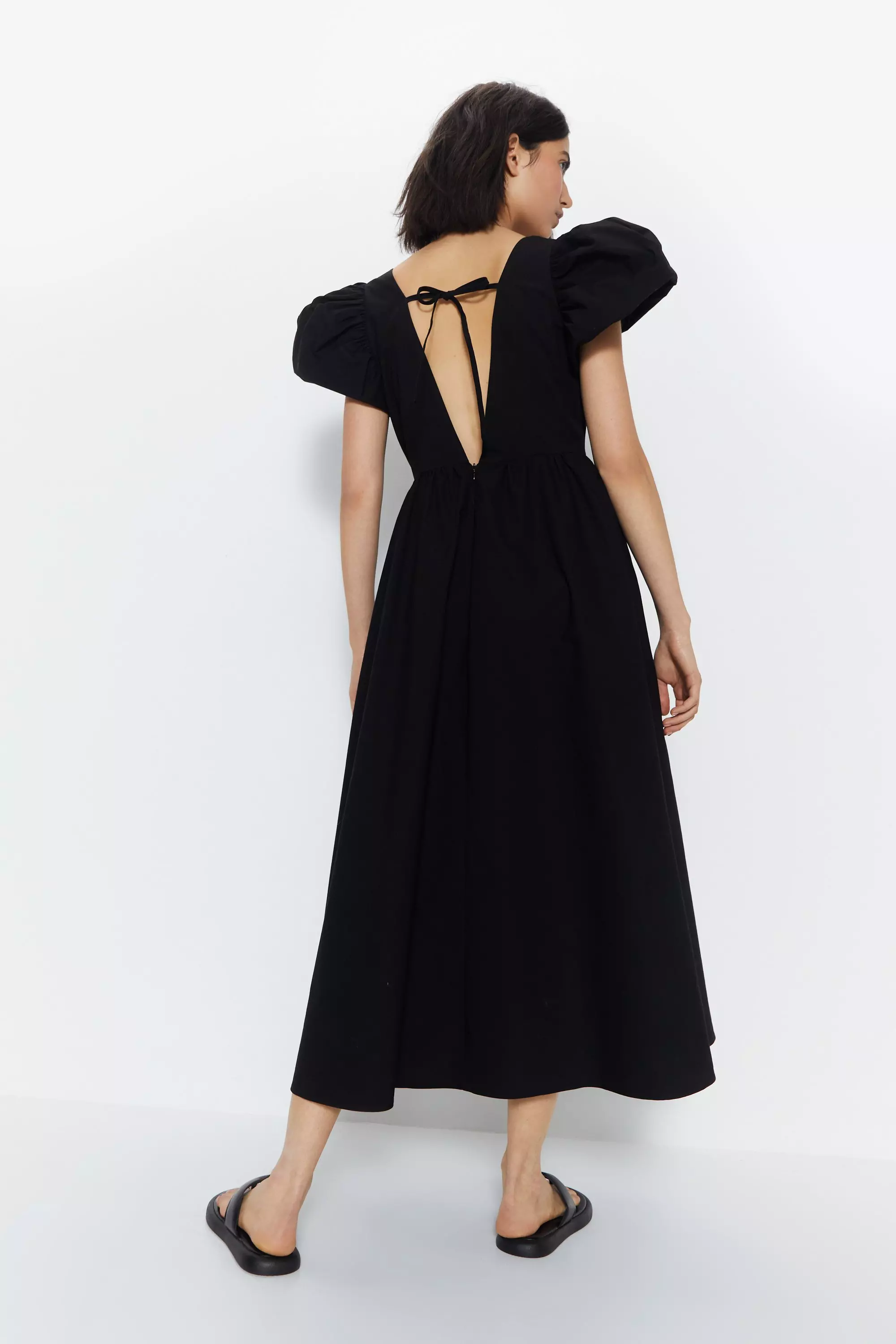 Structured Puff Sleeve V Neck Dress | Warehouse