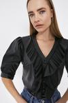 Warehouse Faux Leather Frill Puff Sleeve Top thumbnail 1